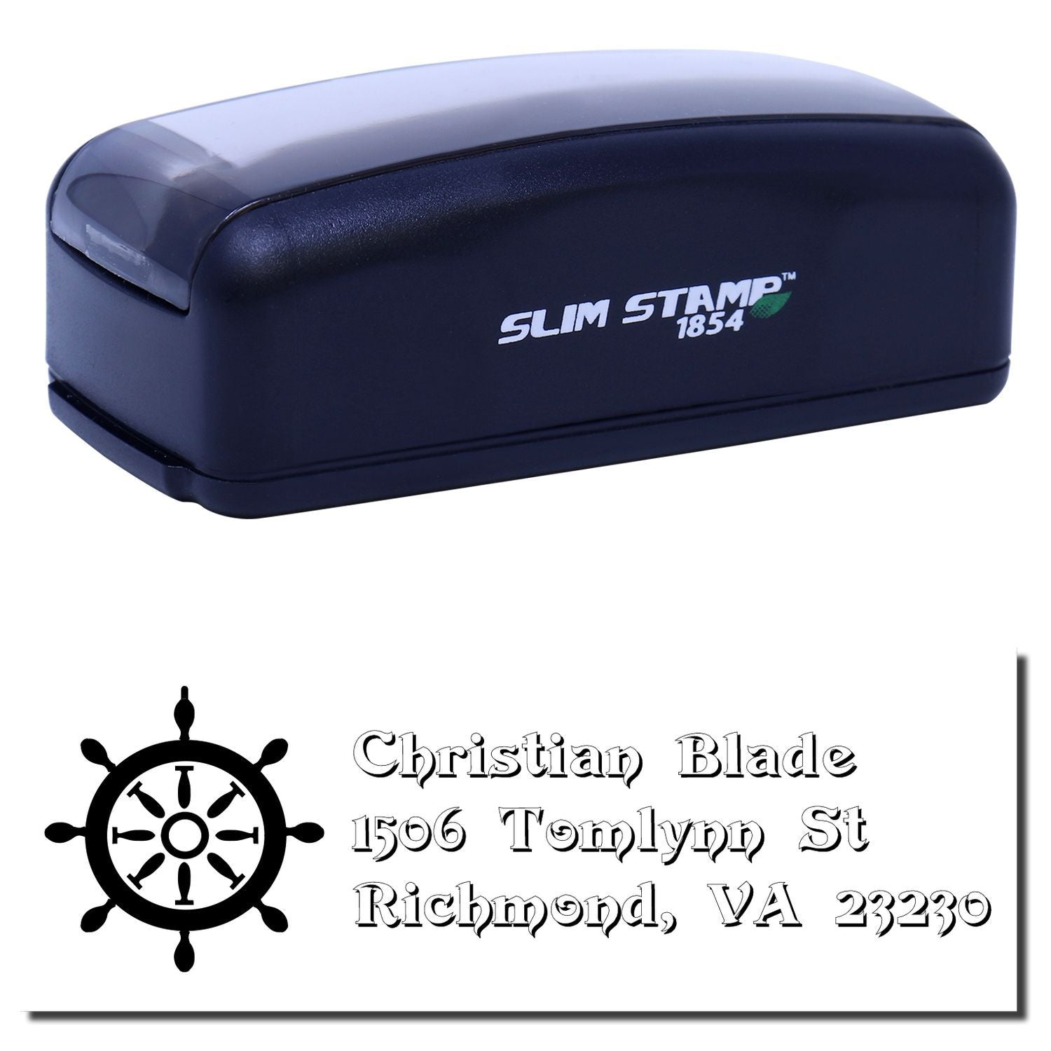 Self-inking rubber stamp with custom return address imprint, Slim Stamp 1854, for Christian Blade.
