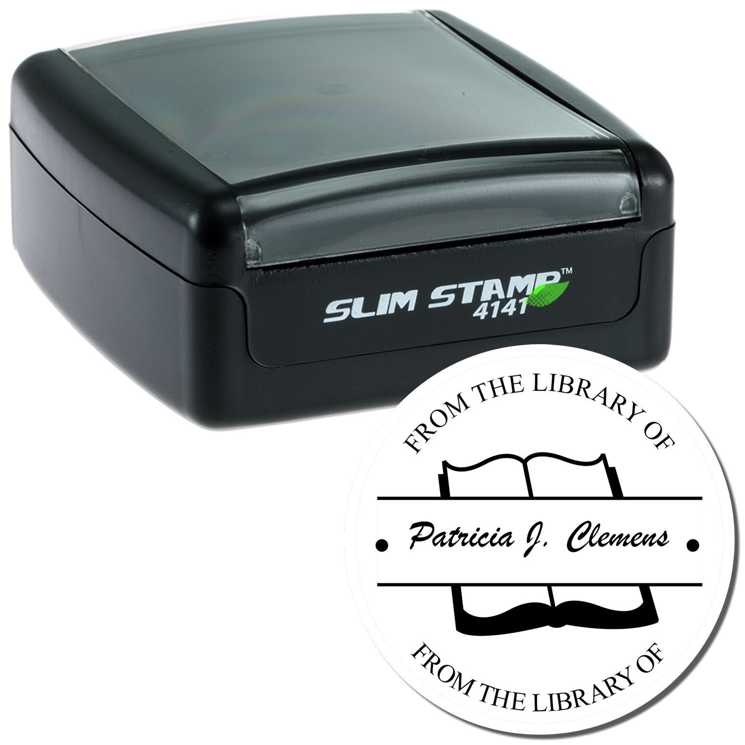 Self-inking rubber library stamp with custom From the Library of Patricia J. Clemens bookplate imprint.