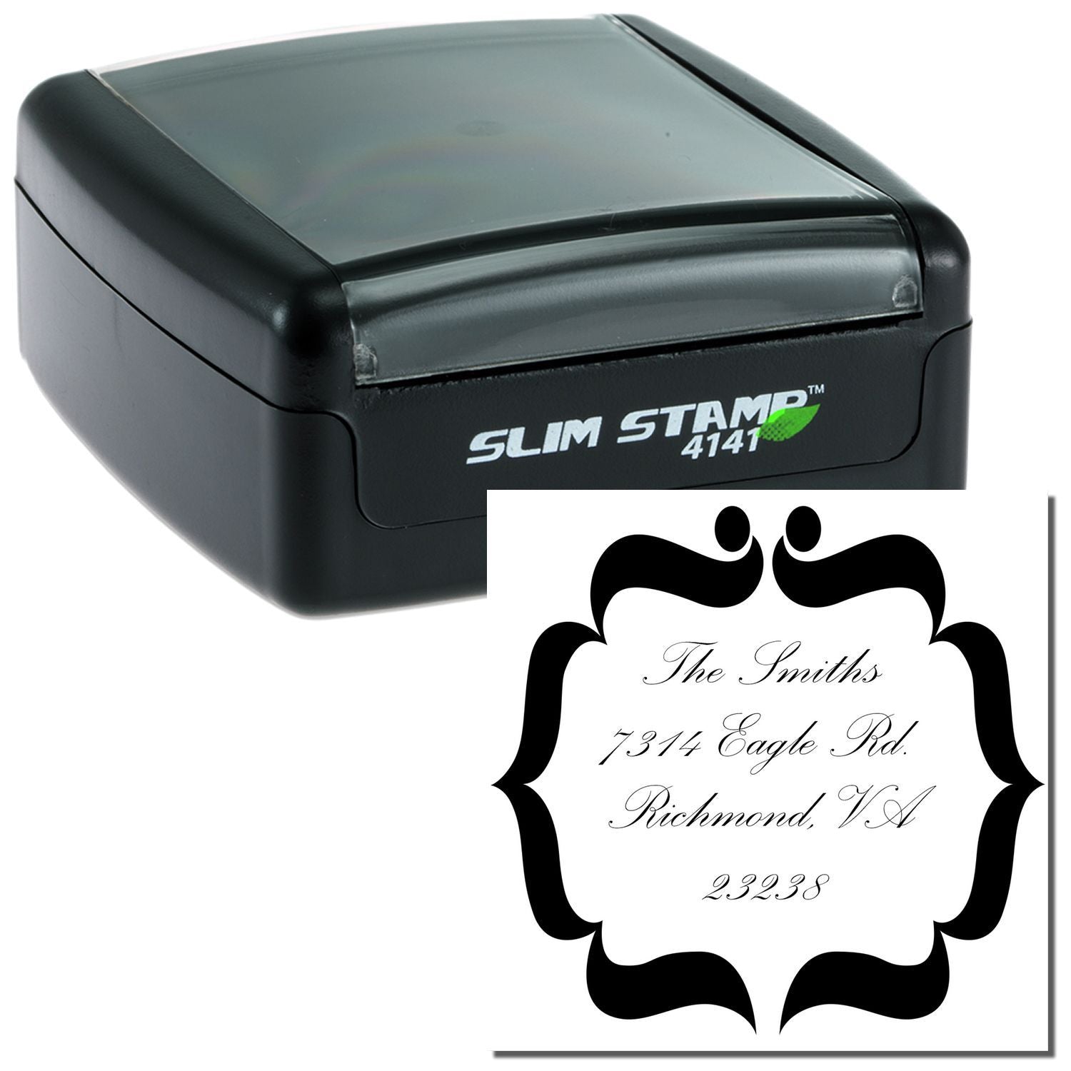 Slim Stamp self-inking custom address rubber stamp with decorative return address impression