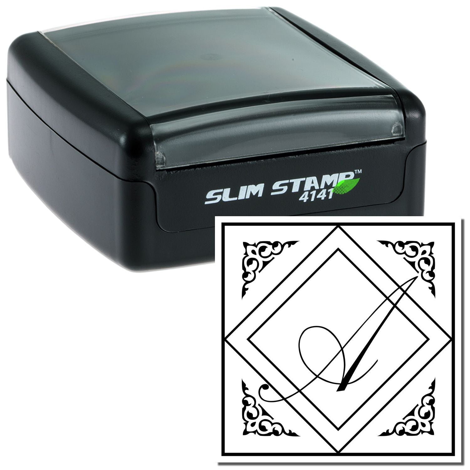 Slim Stamp 4141 self-inking custom rubber stamp with ornate diamond monogram design for business or wedding use.