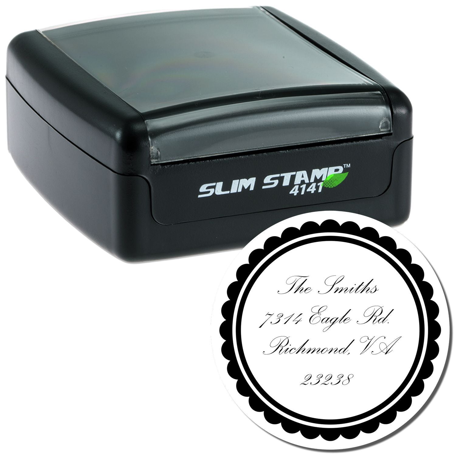 Custom Slim Stamp self-inking rubber address stamp with round return address design for envelopes, mailings, and invitations.