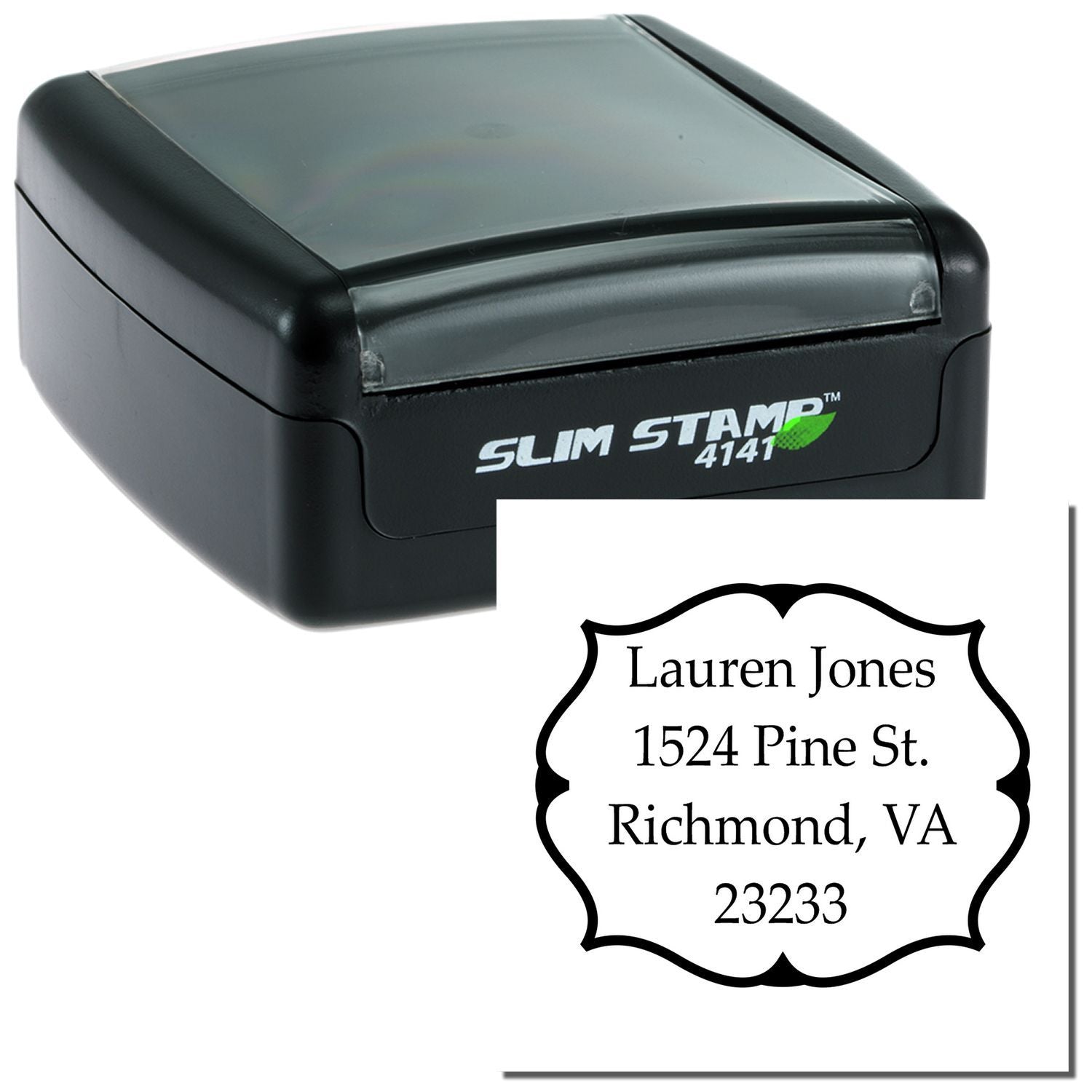 Custom self-inking Slim Stamp 4141 rubber address stamp with personalized return address for Lauren Jones, Richmond, VA.