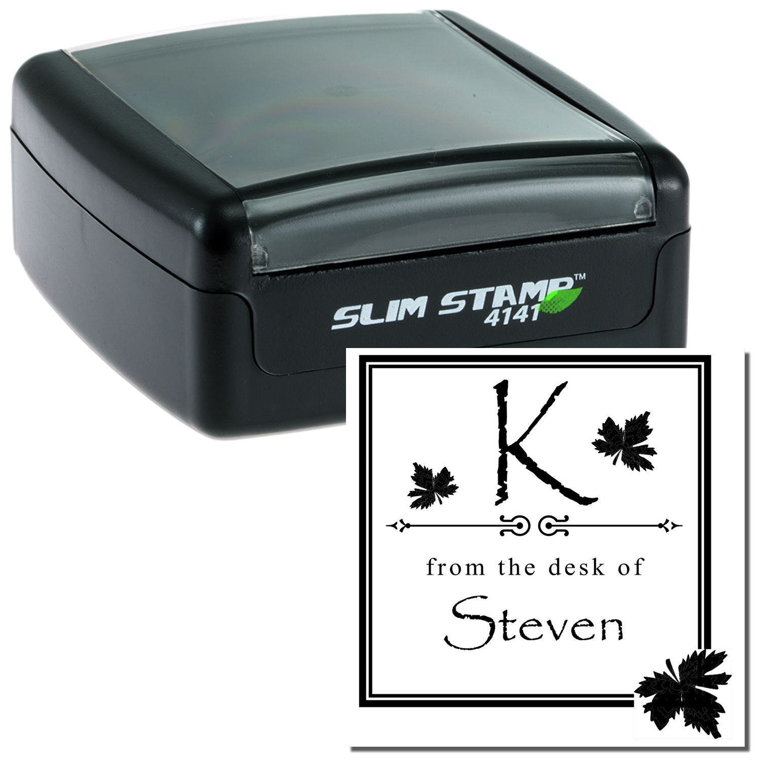 Custom self-inking rubber stamp with personalized from the desk of Steven office imprint