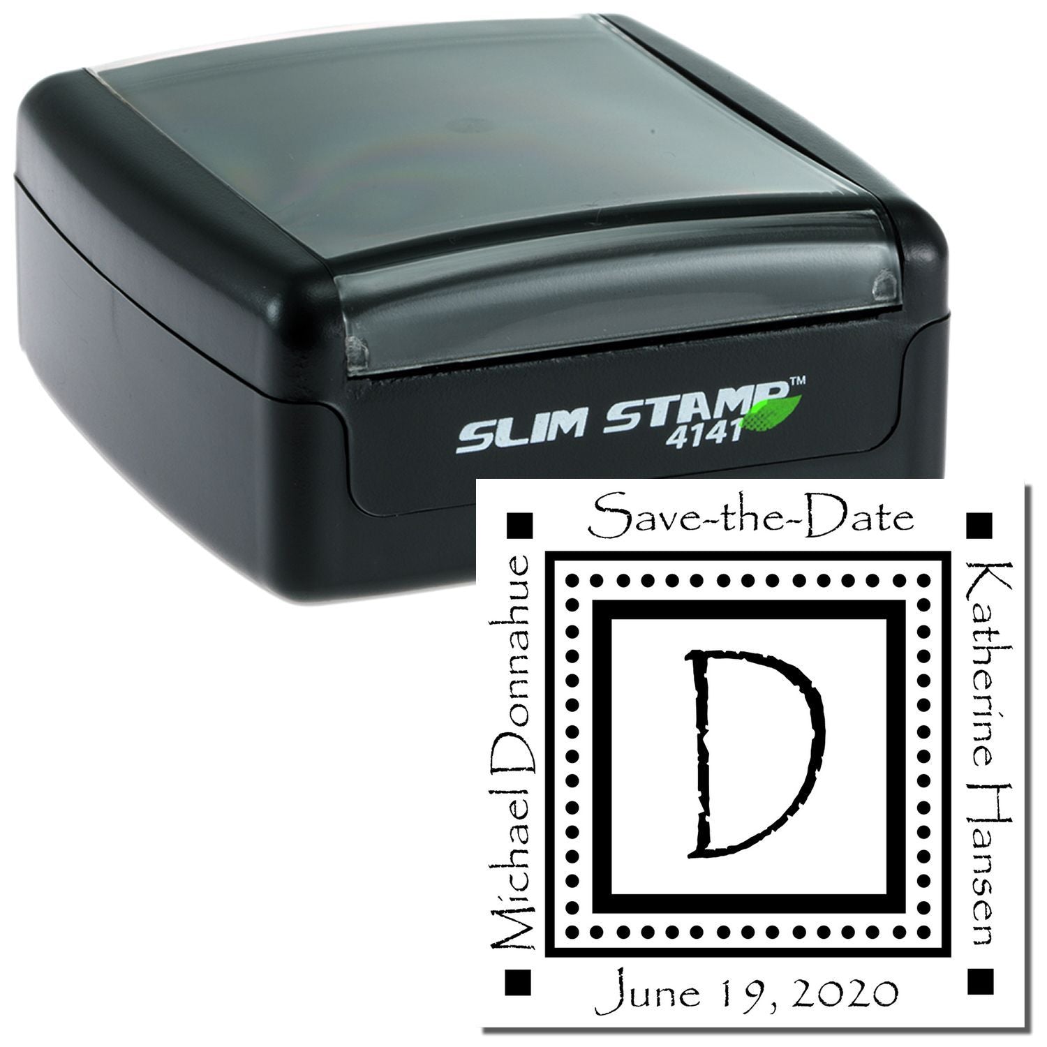 Slim Stamp 4141 self-inking custom rubber stamp with save-the-date monogram, initials D, and wedding date.
