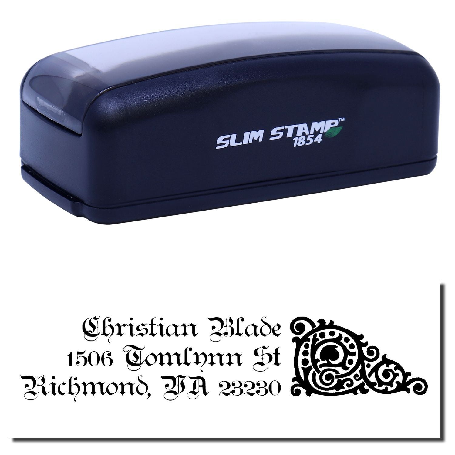 Slim Stamp 1854 custom self-inking address rubber stamp with ornate monogram and return address design.
