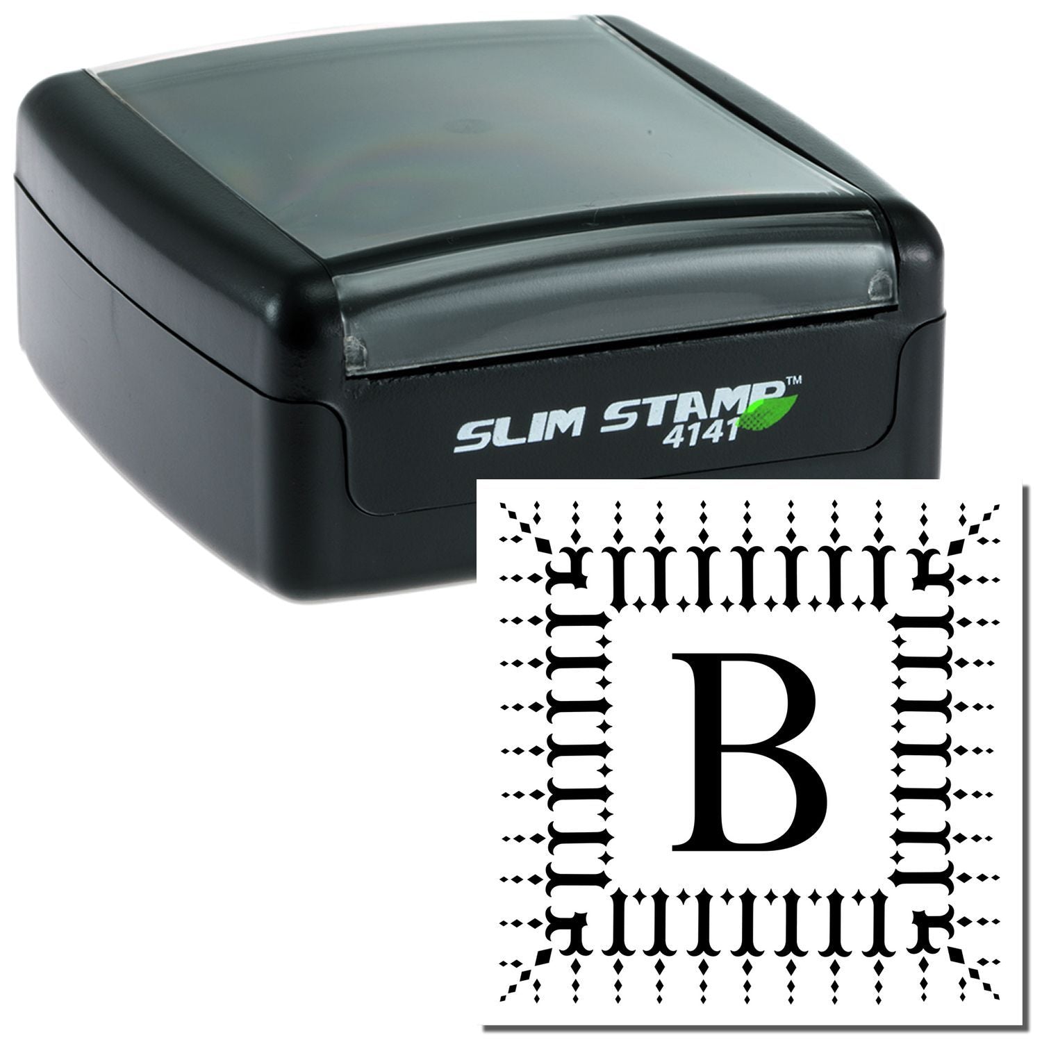 Slim Stamp self-inking rubber stamp with ornate monogram letter B for personalized stationery and branding.