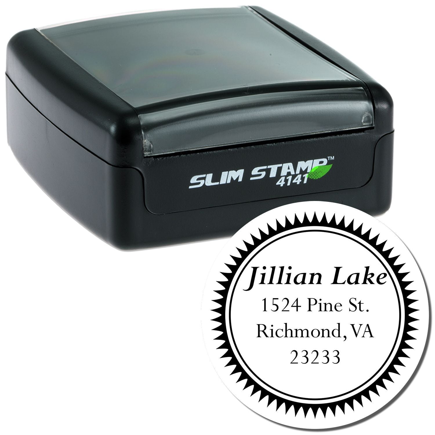 Slim Stamp 4141 self-inking rubber address stamp with custom name and Richmond VA return address design