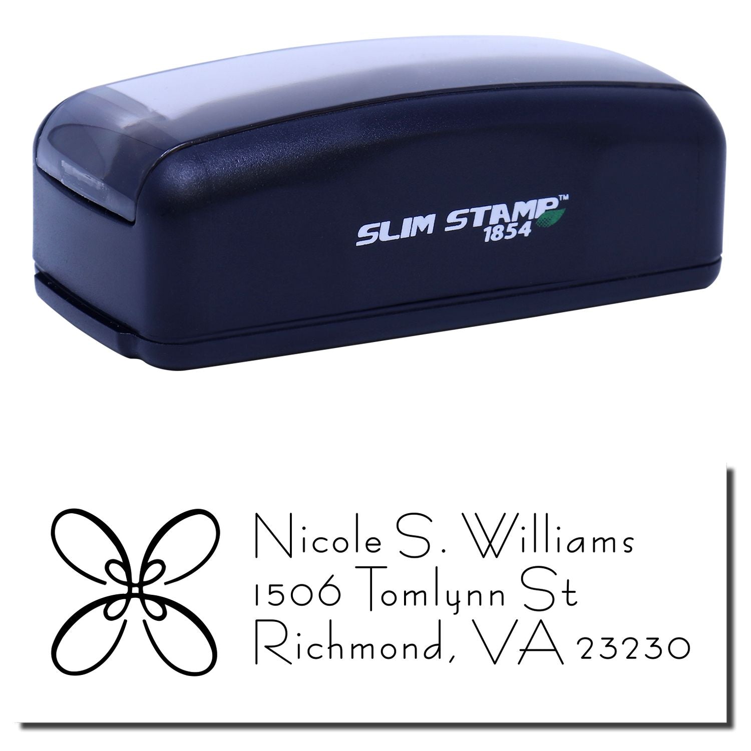 Custom self-inking Slim Stamp 1854 return address rubber stamp with butterfly design and personalized name and address