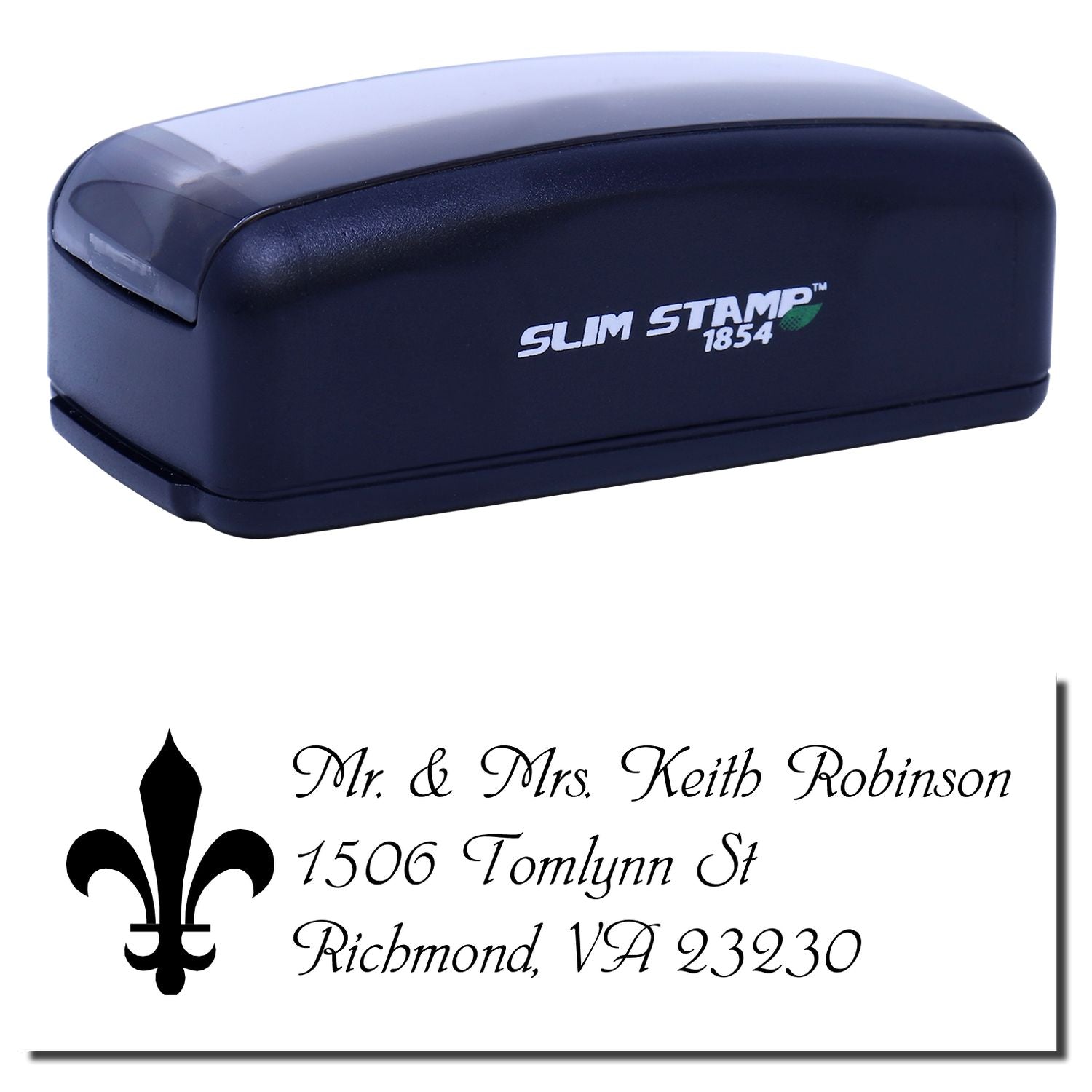 Slim Stamp 1854 self-inking rubber stamp with custom address imprint and fleur-de-lis design sample for personalized mailing use