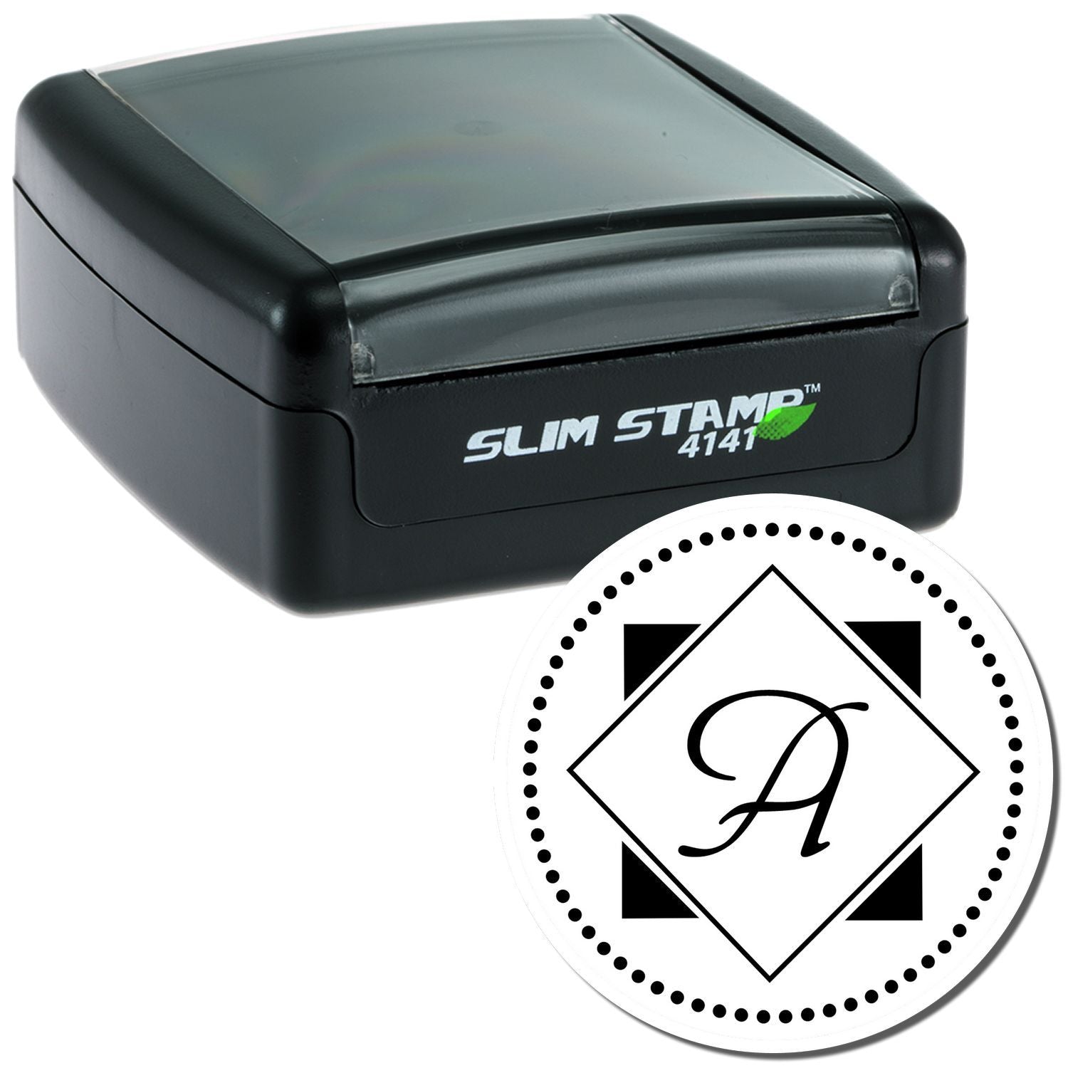 Slim Stamp 4141 self-inking rubber stamp with custom monogram A imprint for personalized branding, invitations, and mailing.