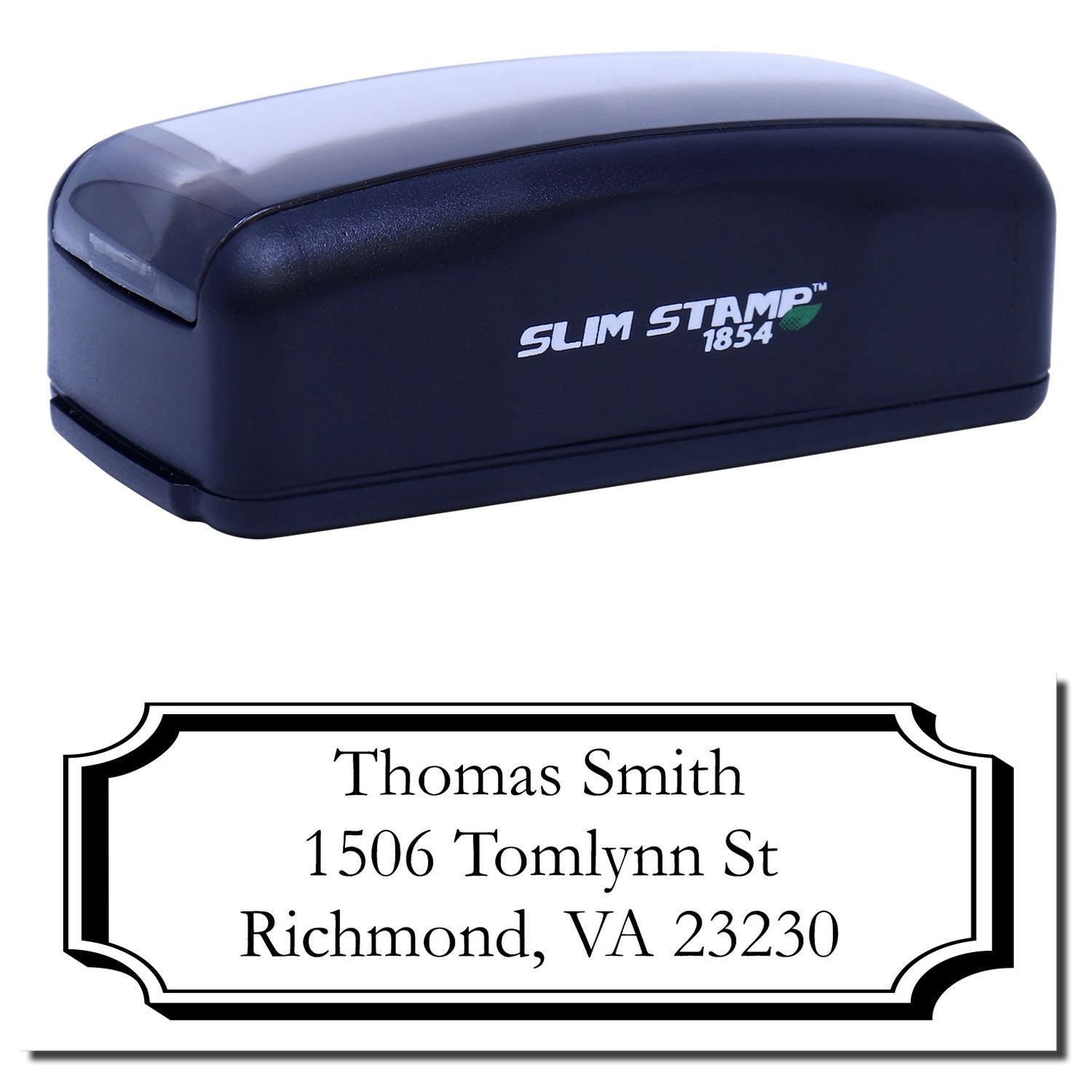 Self-inking Slim Stamp 1854 custom address rubber stamp, shown with sample imprint for Thomas Smith, Richmond, VA 23230.