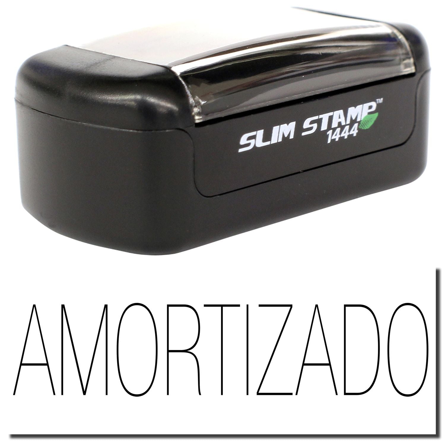 Slim Stamp 1444 black amortized rubber stamp with AMORTIZADO text for document cancellation.