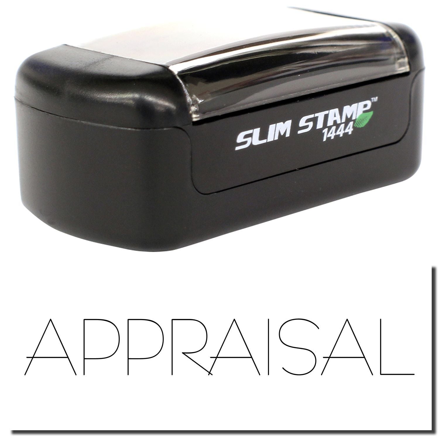 Black Slim Stamp 1444 self-inking appraisal stamp with compact portable design.