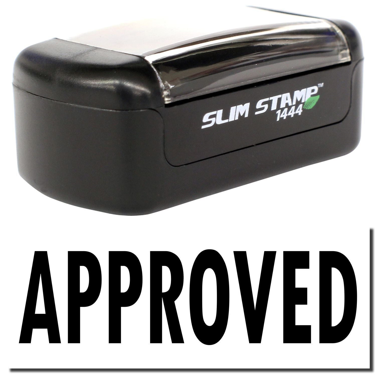 Black Slim Stamp 1444 self-inking stamp with APPROVED imprint on white background