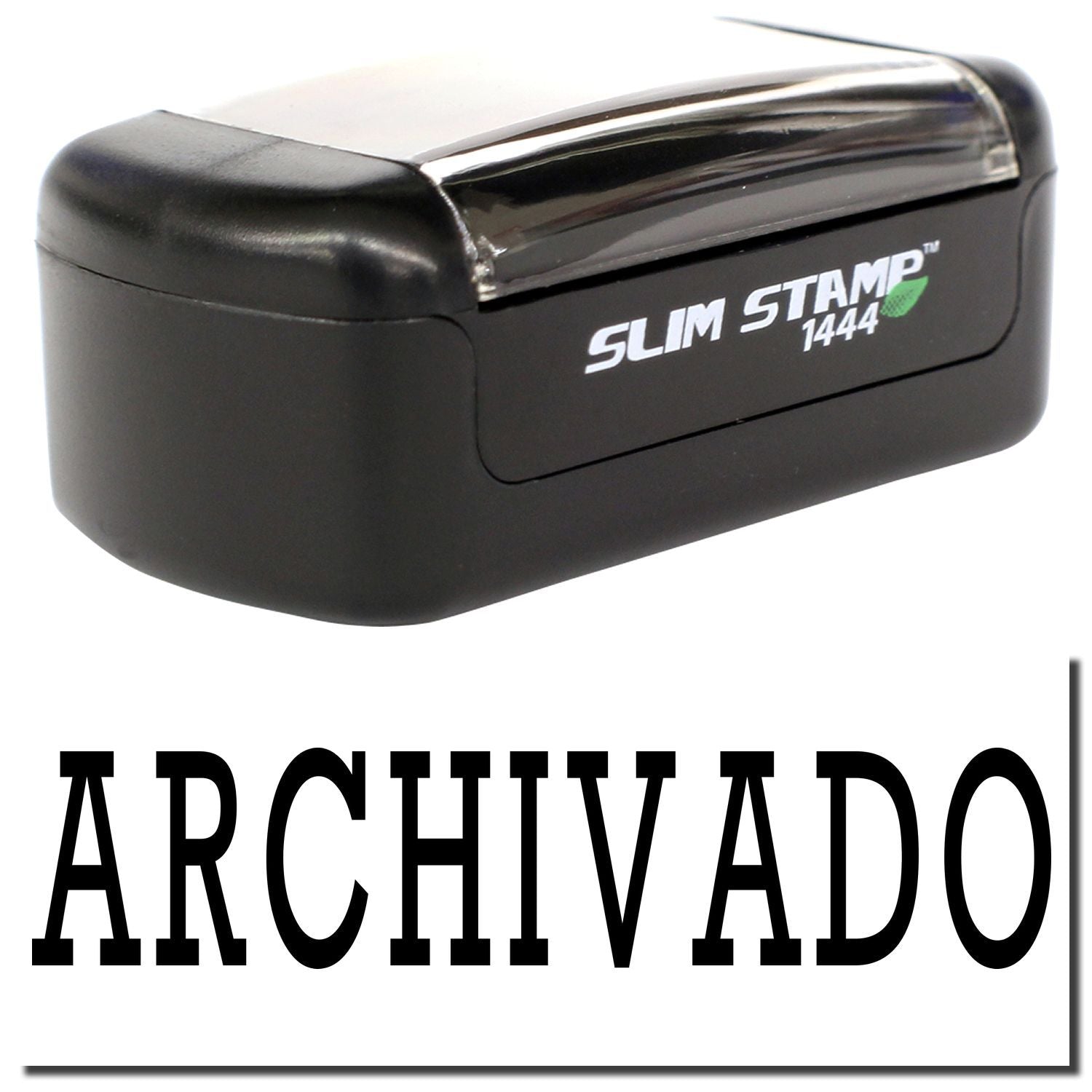 Black Slim Stamp 1444 self-inking office stamp with ARCHIVADO text on white background