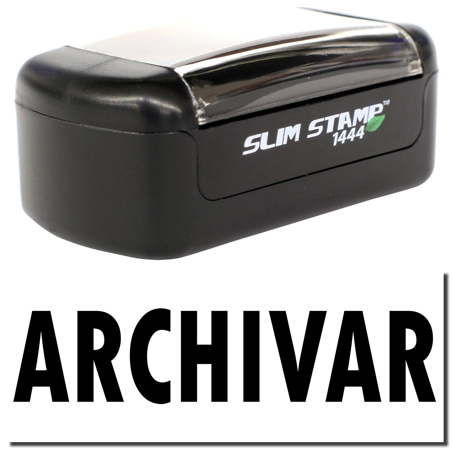 Slim Stamp 1444 archival self-inking office stamp with black casing and clear cover on white background