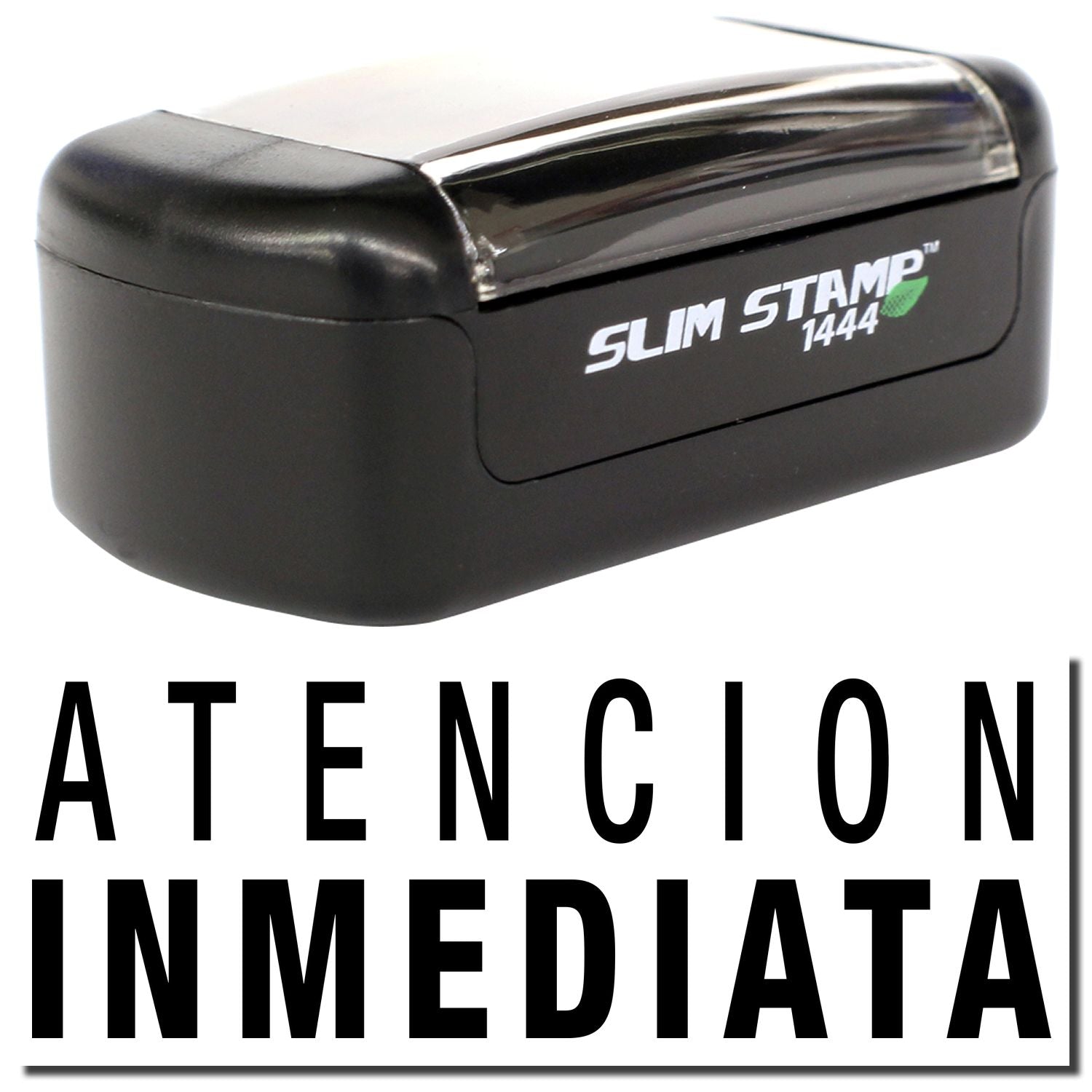 Sello automtico Slim Stamp 1444 negro con texto Atencin Inmediata para oficina y documentos.