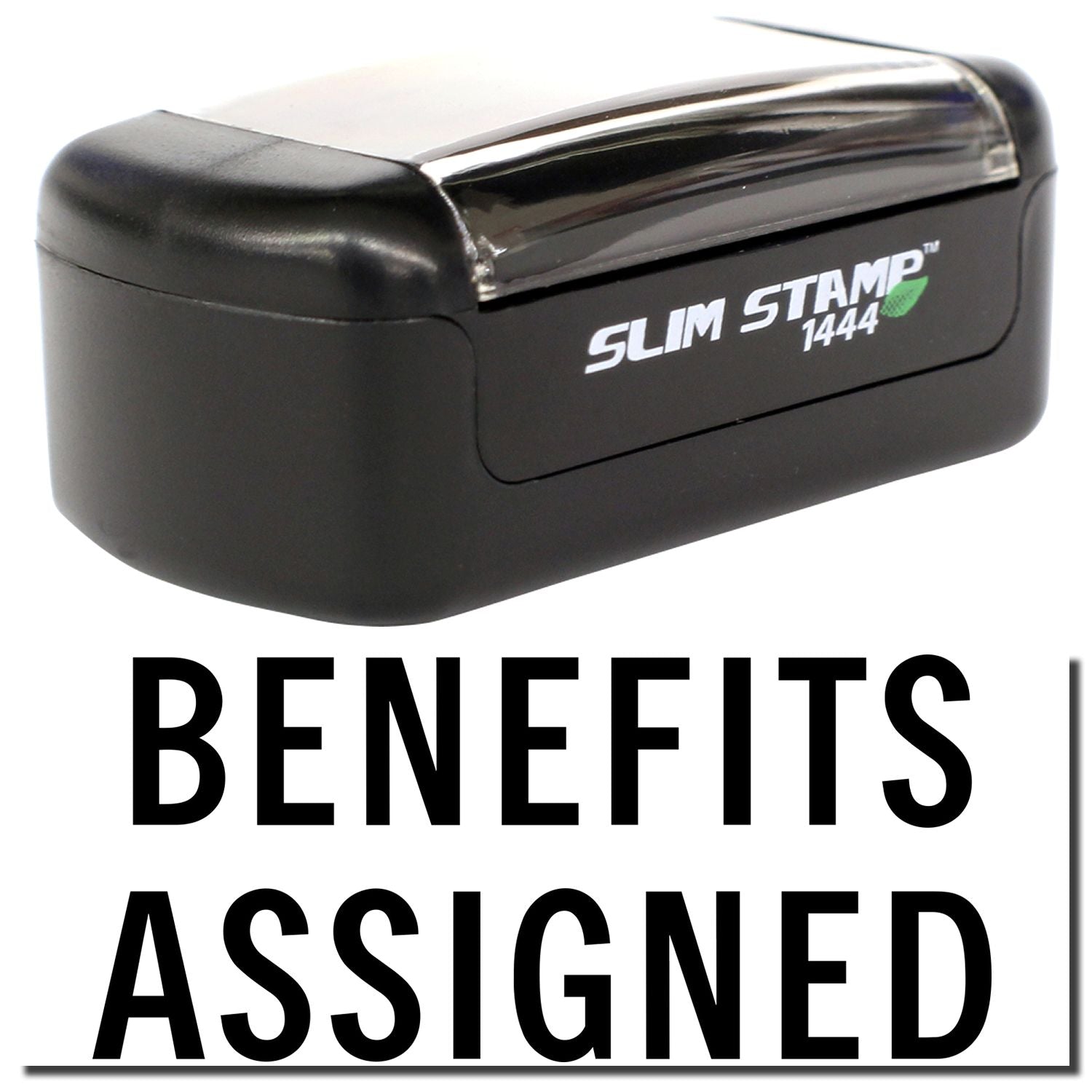 Slim Stamp 1444 black benefits assigned rubber stamp with clear imprint text