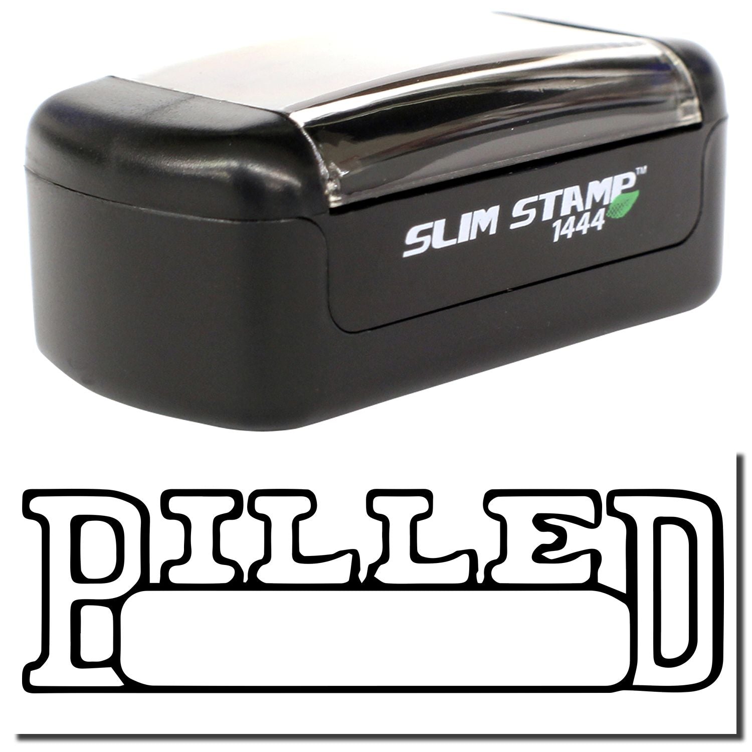 Black Slim Stamp 1444 self-inking pocket stamp by Pilled, compact custom rubber stamp.