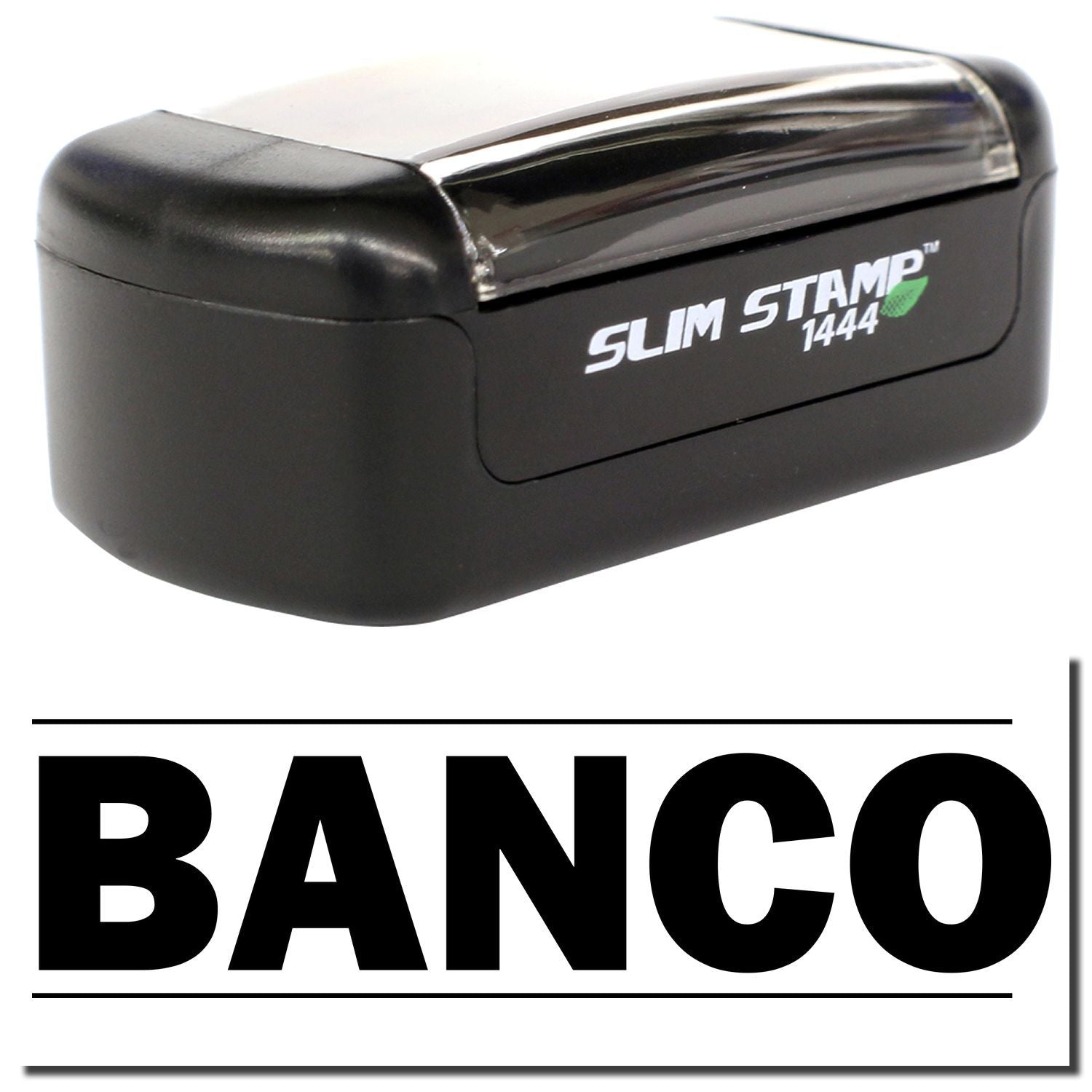 BANCO Slim Stamp 1444 self-inking rubber stamp in black compact case.