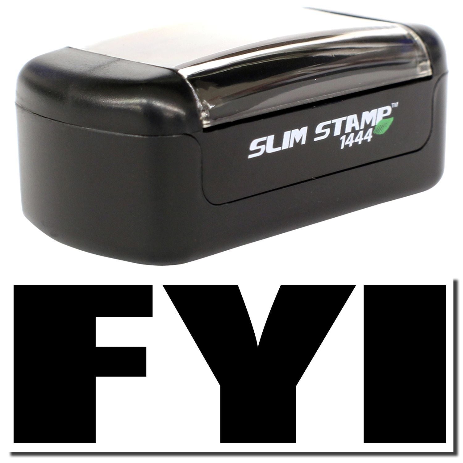 Black Slim Stamp 1444 self-inking rubber stamp with FYI logo, compact custom office stamp for business use.