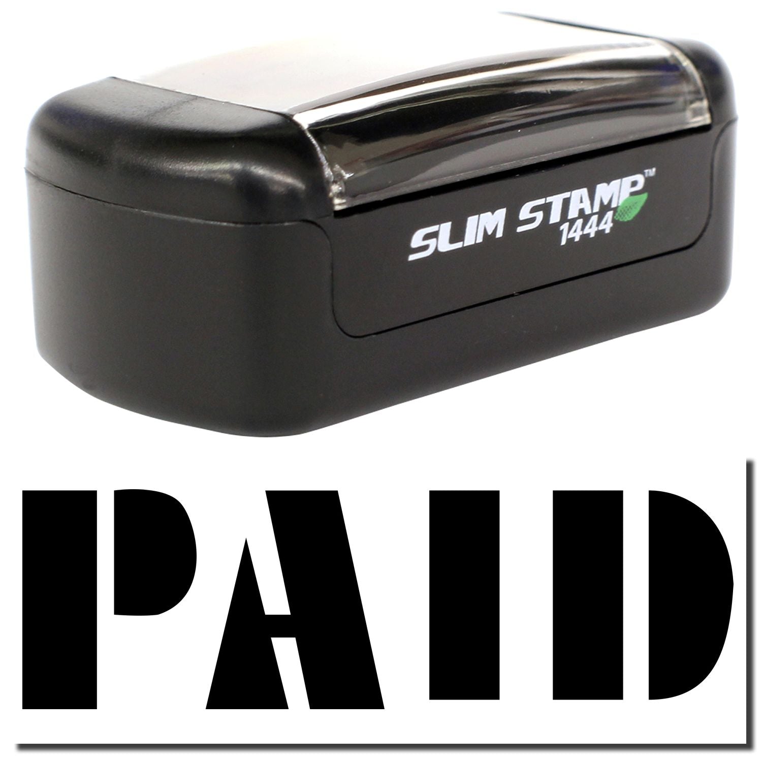 Black Slim Stamp 1444 paid stamp with clear PAID imprint for office document processing.