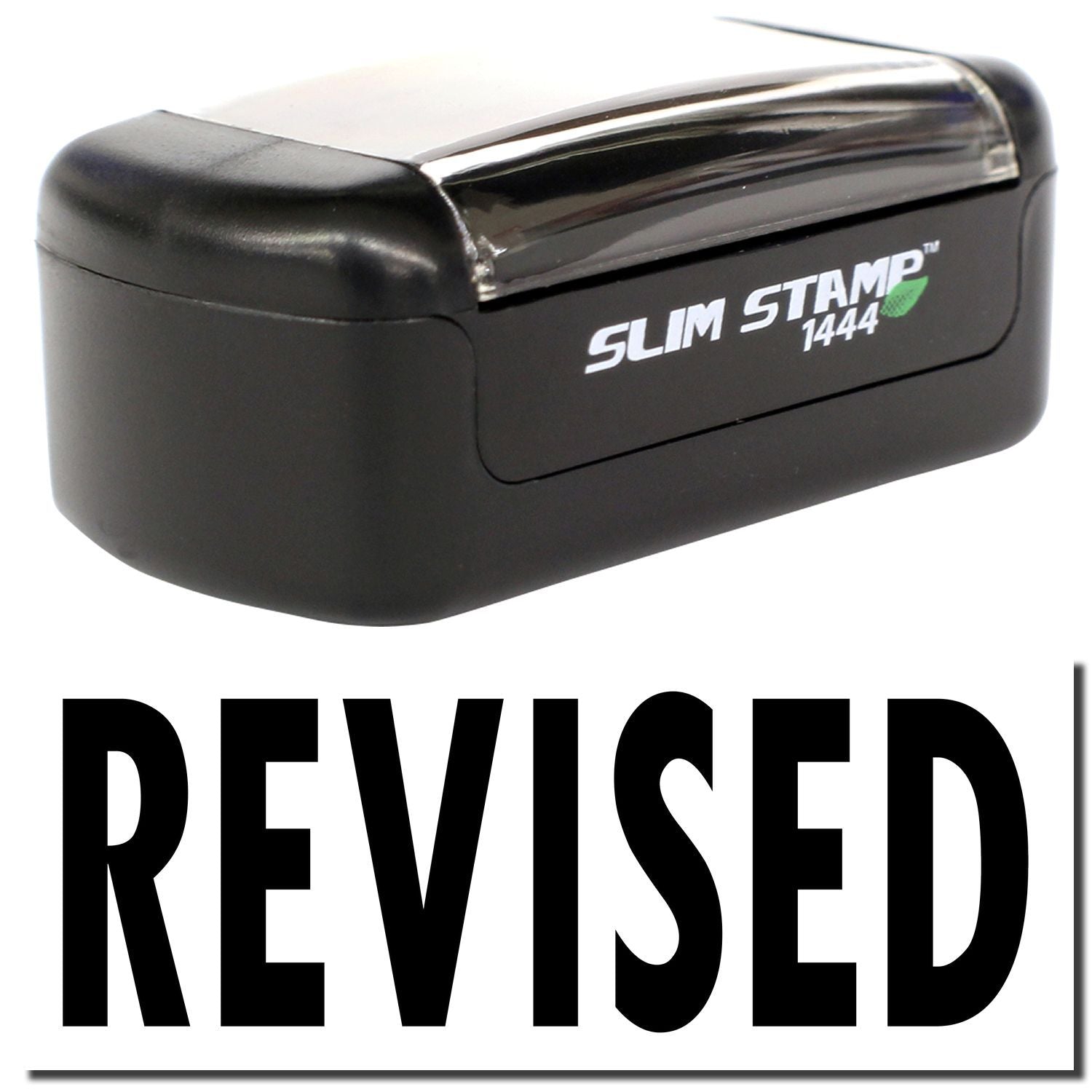 Black Slim Stamp 1444 self-inking stamp with REVISED text for office document marking.