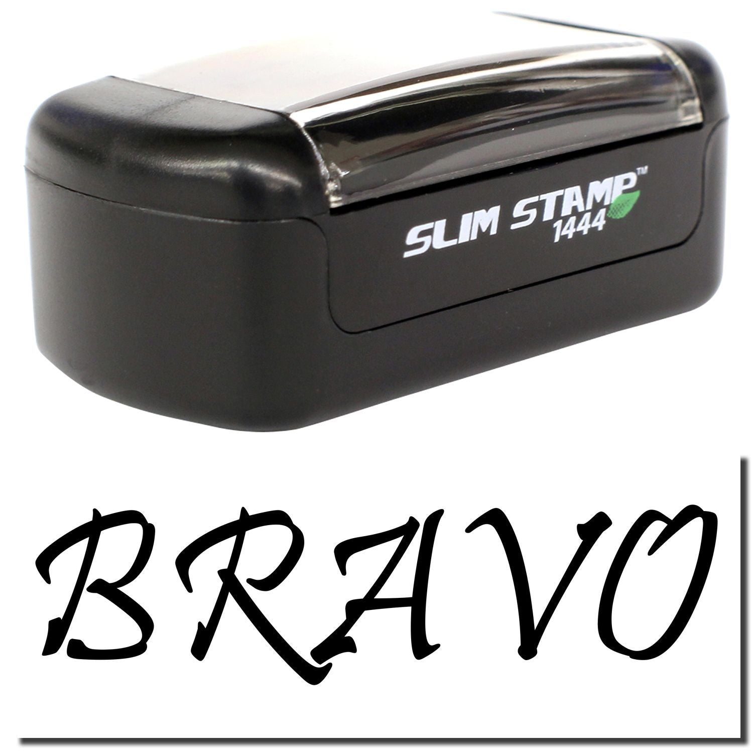 Black Slim Stamp 1444 self-inking custom stamp with BRAVO logo on a white background