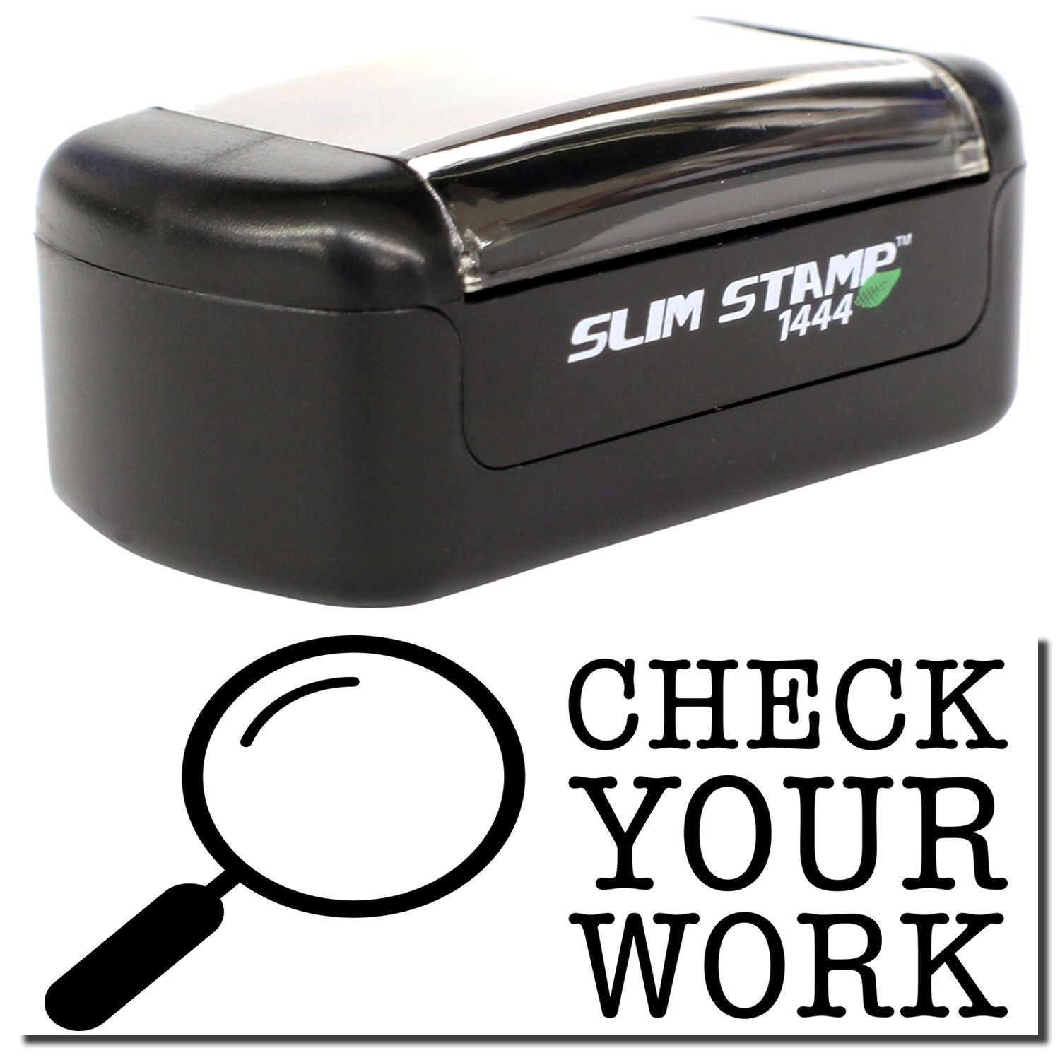 Slim Stamp 1444 self-inking check stamp with magnifying glass icon and Check Your Work text.