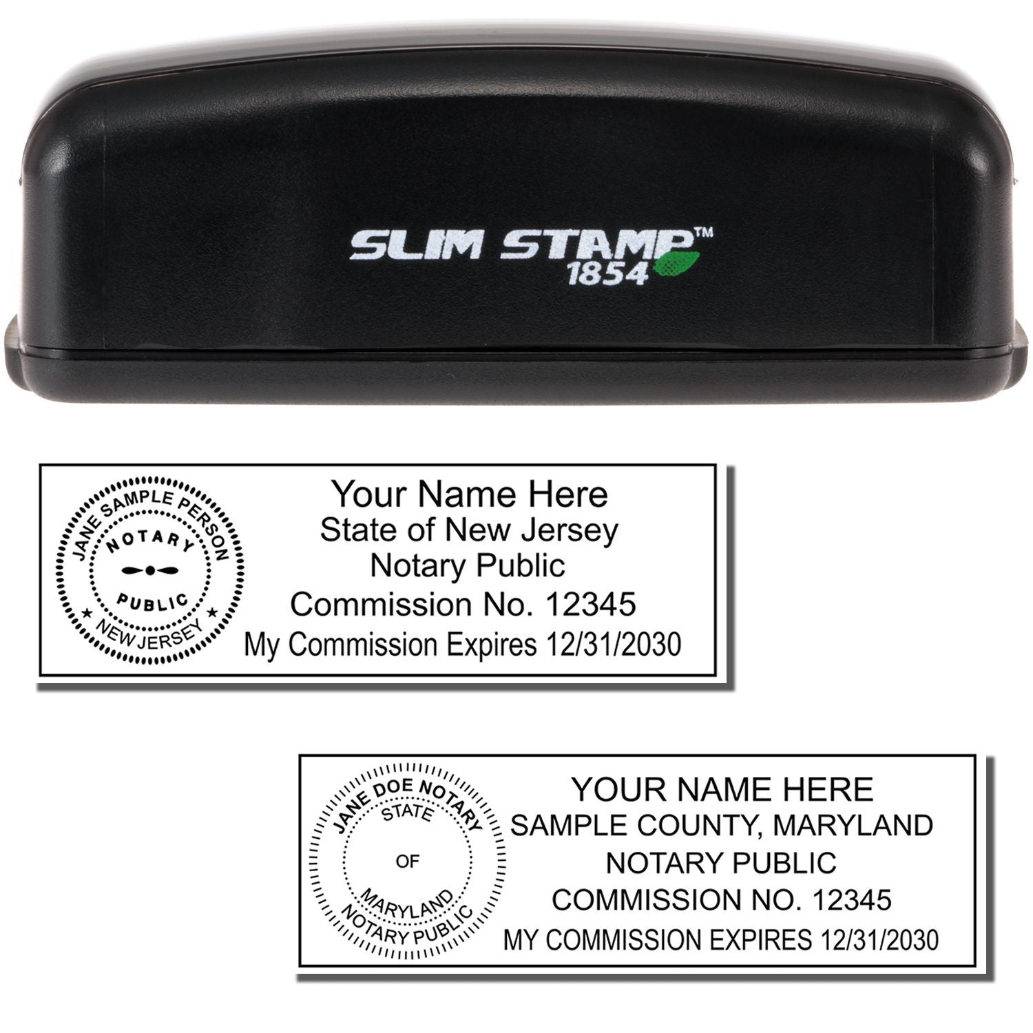 Slim Stamp 1854 self-inking notary stamp with sample New Jersey and Maryland notary seal impressions.