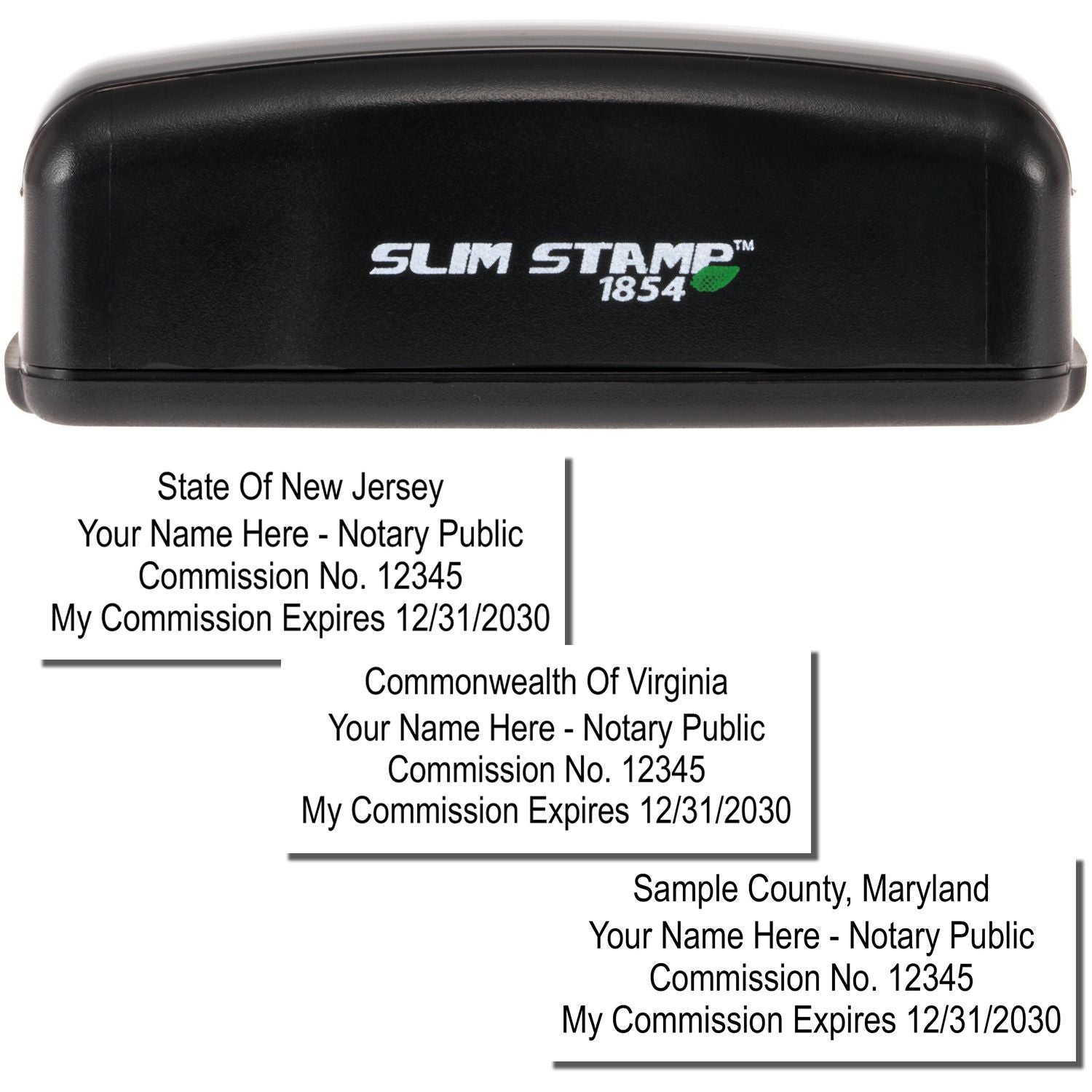 Slim Stamp 1854 custom notary stamp with sample New Jersey, Virginia, and Maryland commission imprint designs