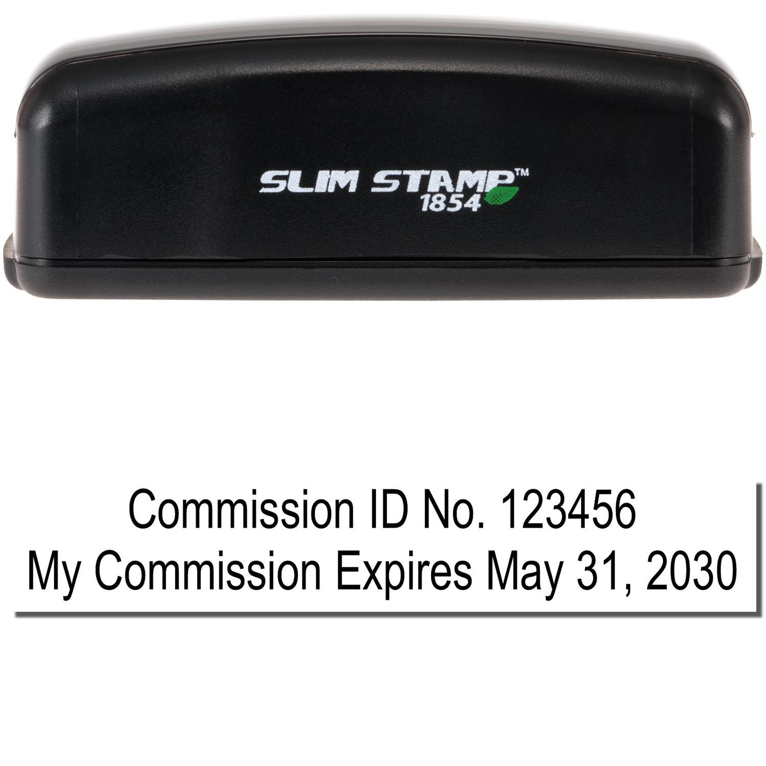 Slim Stamp 1854 notary commission stamp with commission ID and expiration date imprint.