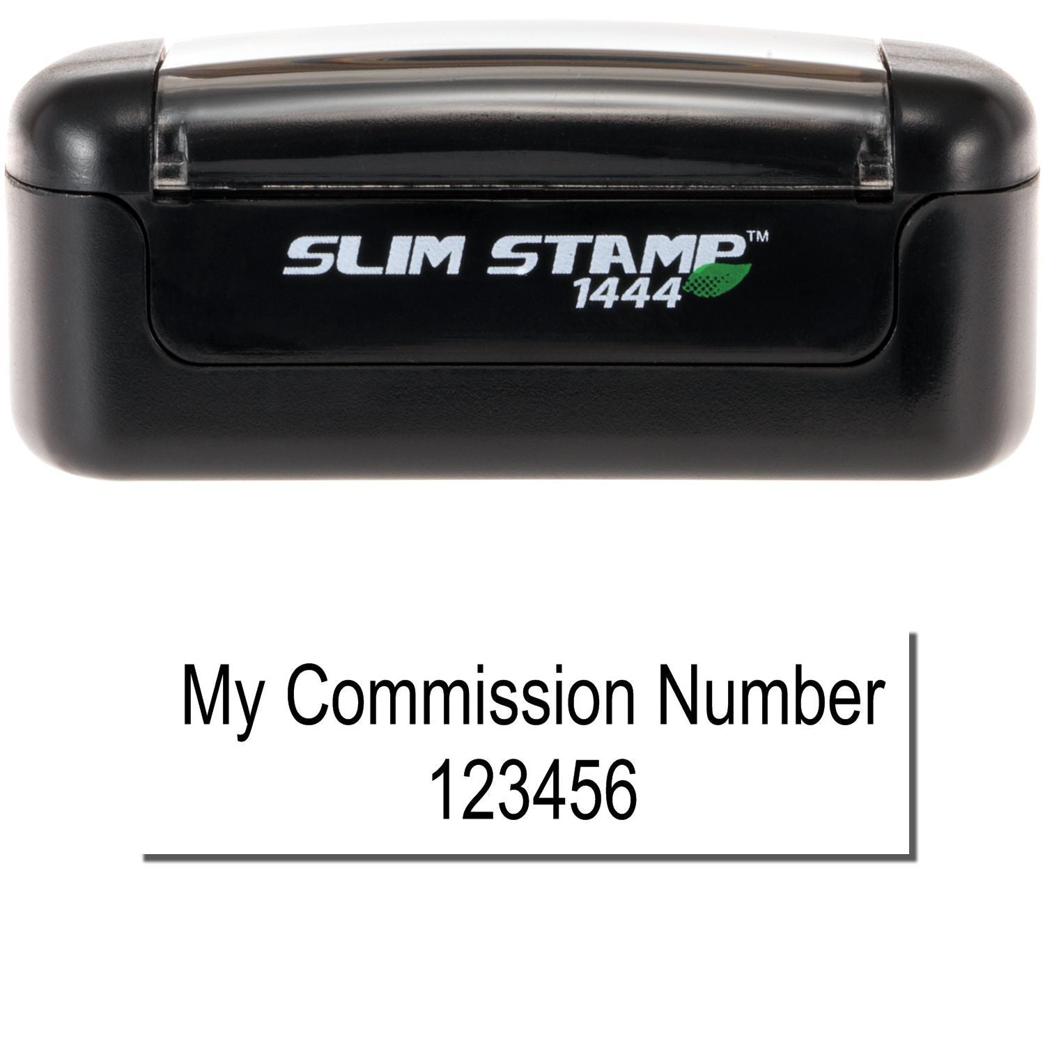 Slim Stamp 1444 self-inking commission stamp with custom text My Commission Number 123456 on white background