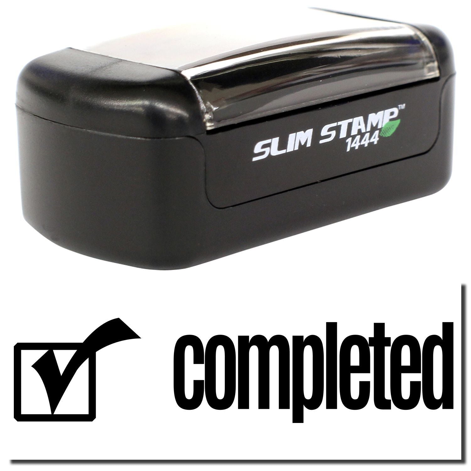 Black Slim Stamp 1444 self-inking stamp with completed checkmark design