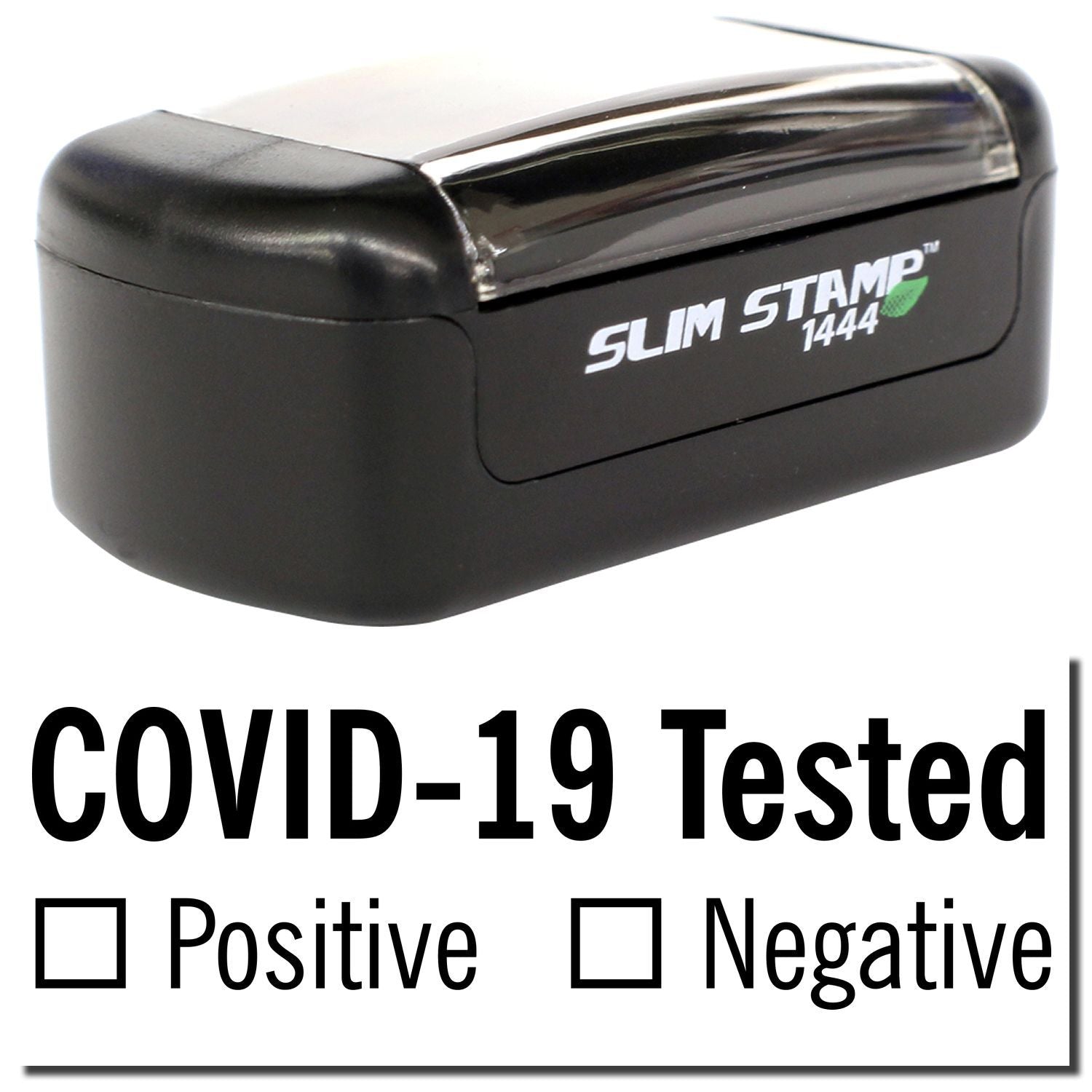 COVID-19 tested stamp with positive and negative checkbox options on a Slim Stamp self-inking stamp.