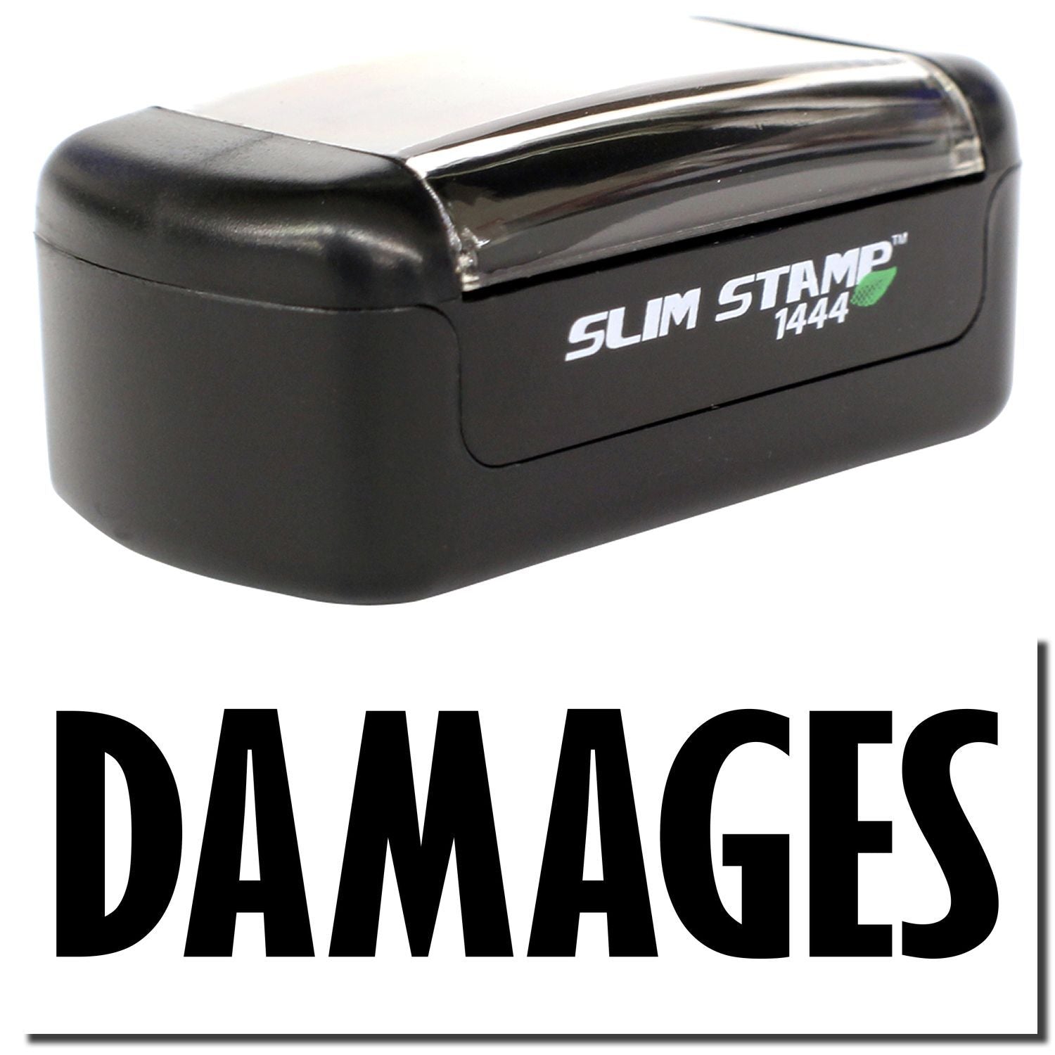 Black Slim Stamp 1444 self-inking stamp with DAMAGES text for office marking.