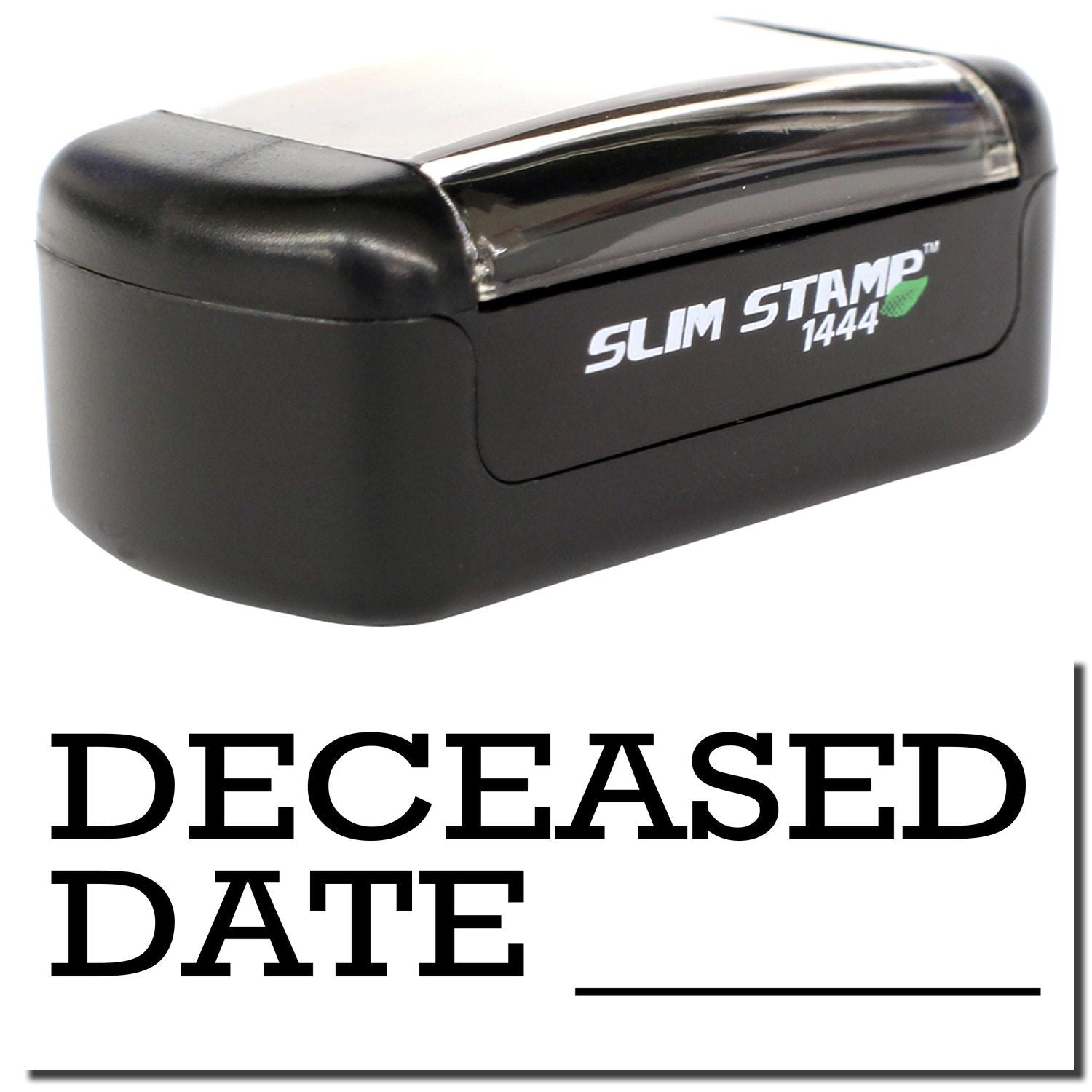 Black Slim Stamp 1444 self-inking date stamp labeled Deceased Date on a white background