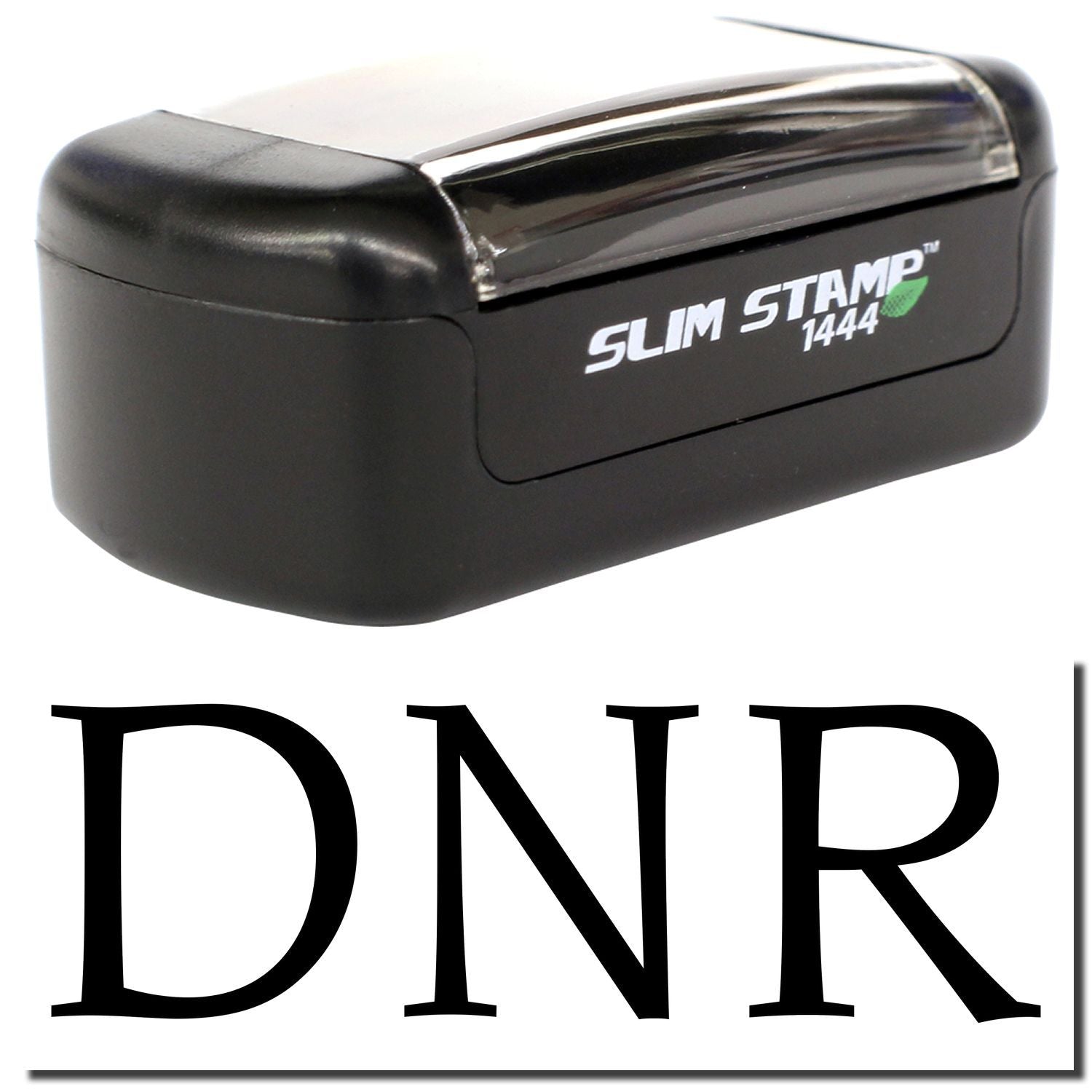 Black Slim Stamp 1444 DNR self-inking medical stamp with compact portable design.