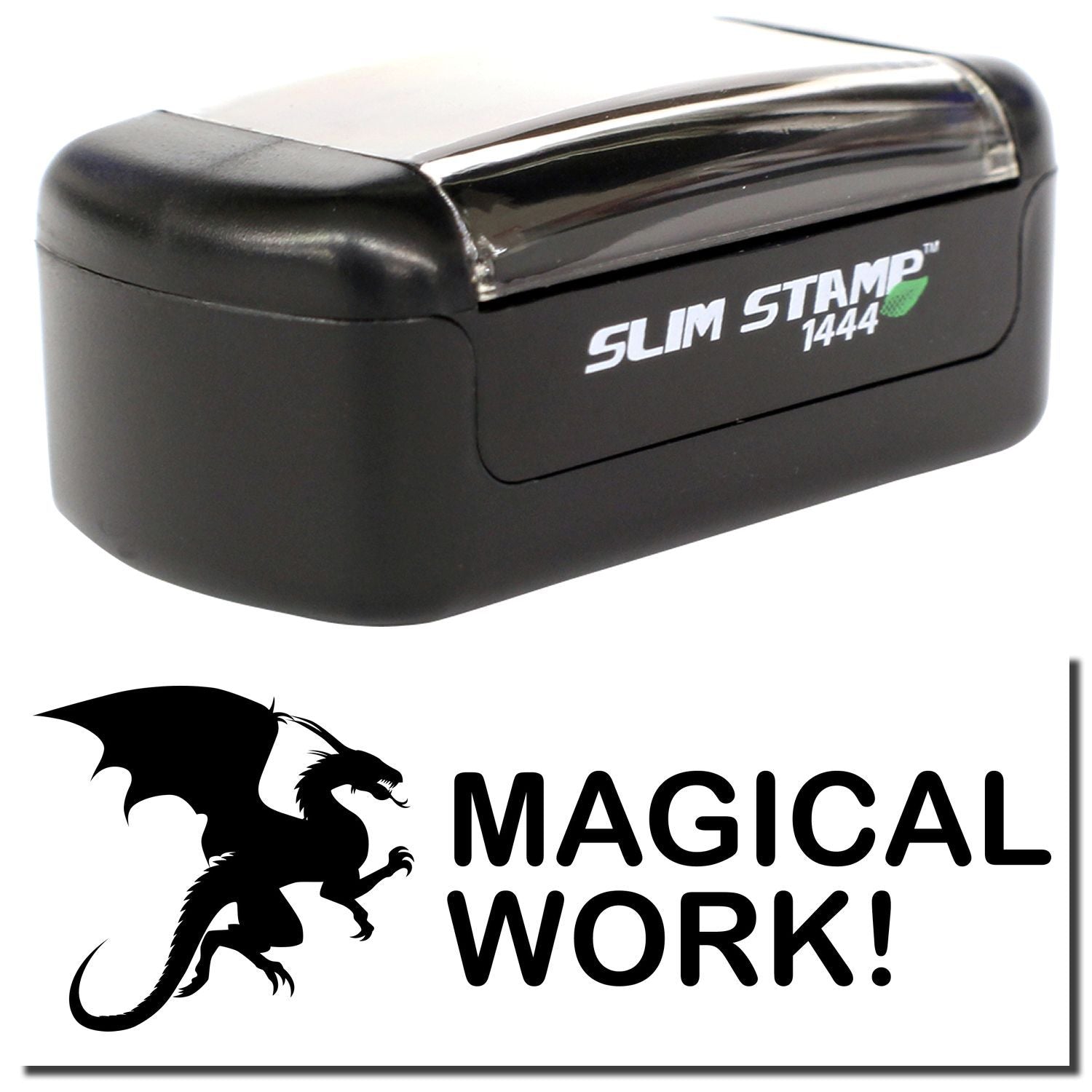 Black Slim Stamp 1444 self-inking custom stamp with Magical Work dragon logo.