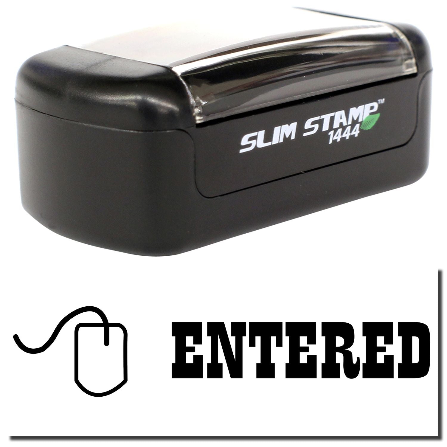 Slim Stamp 1444 self-inking ENTERED office stamp in black, compact and ergonomic design