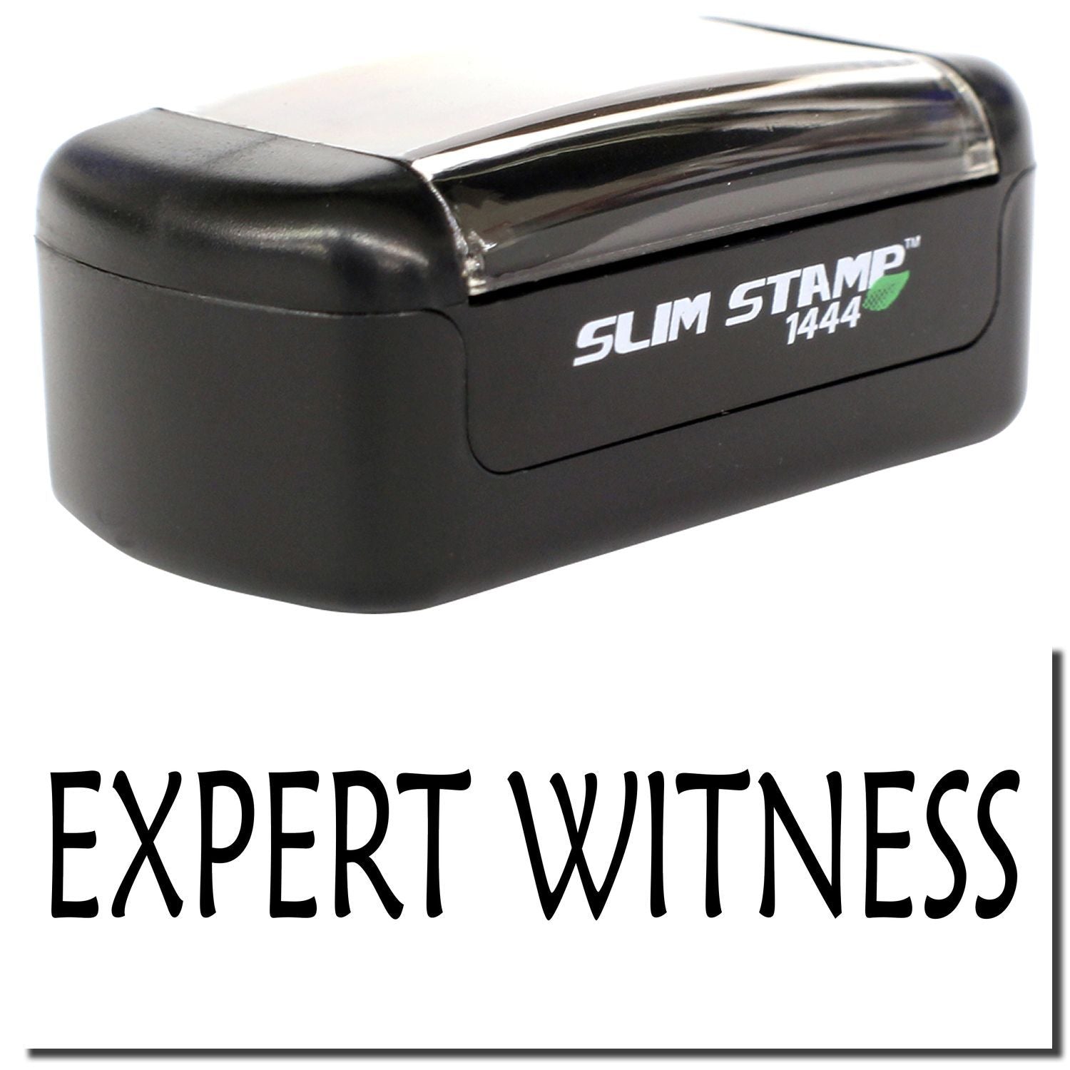 SlimStamp 1444 pre-inked expert witness stamp with black handle and clear cover, isolated on white background.
