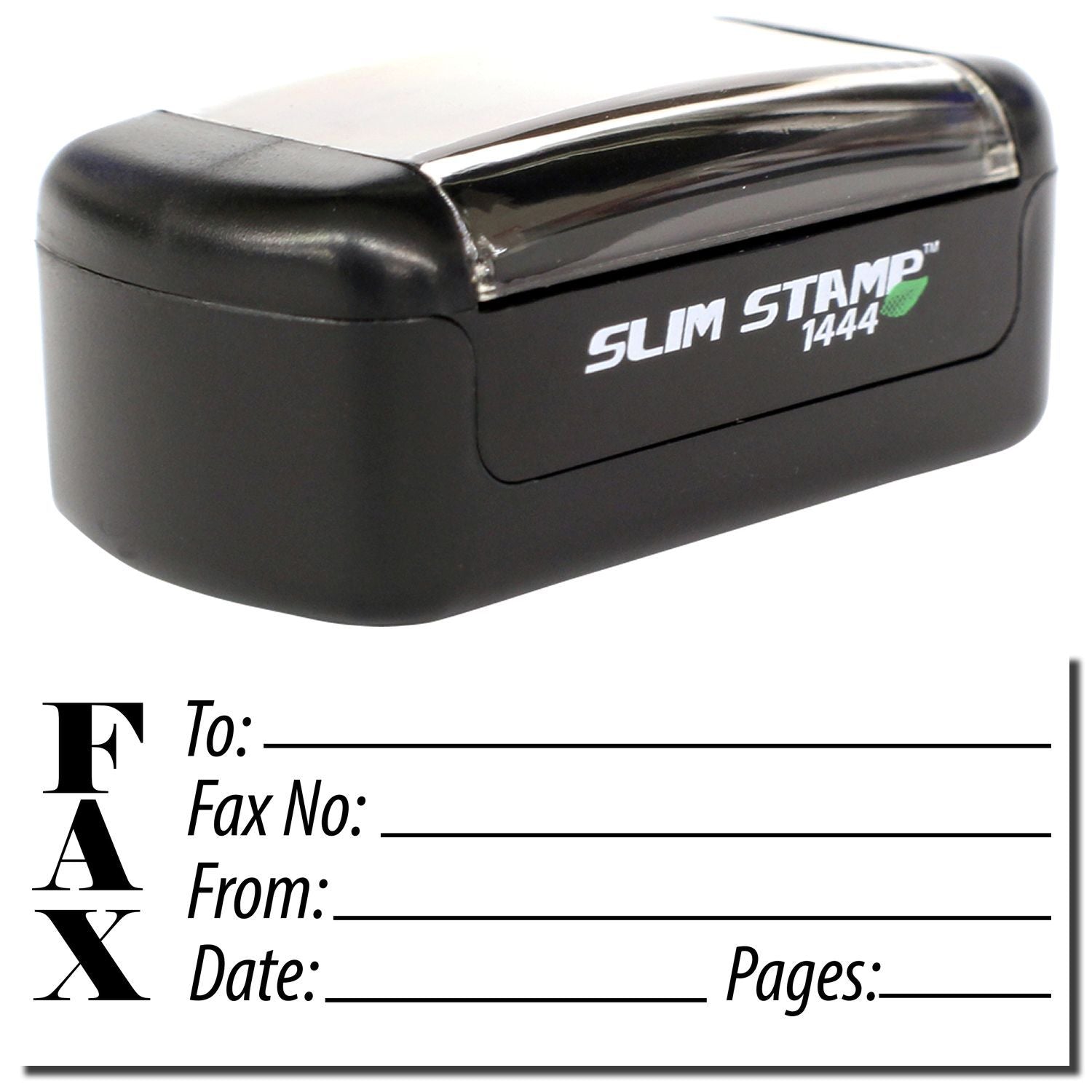 SlimStamp 1444 fax stamp on a fax cover sheet with To, Fax No., From, Date, and Pages fields.