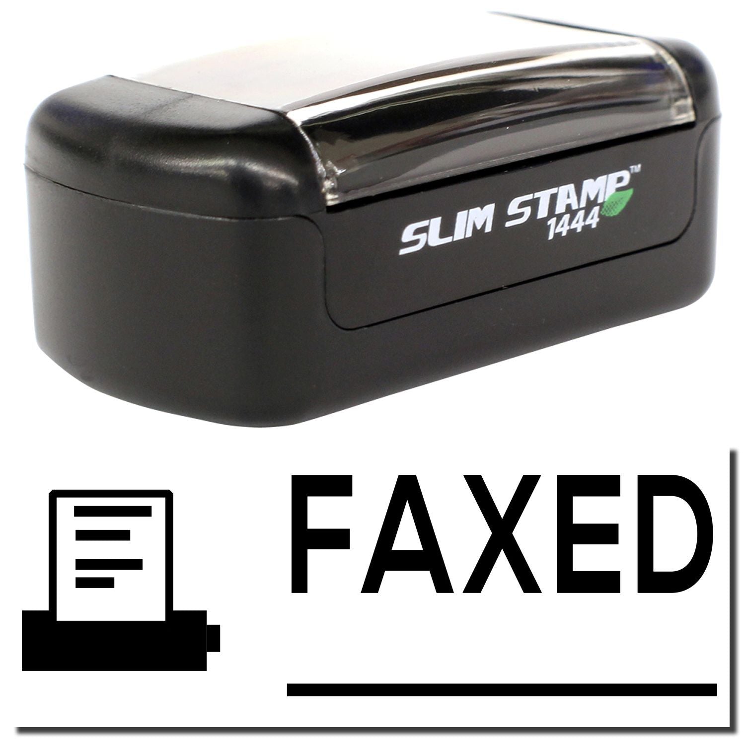 Black self-inking FAXED stamp with fax icon, Slim Stamp 1444 office supply tool