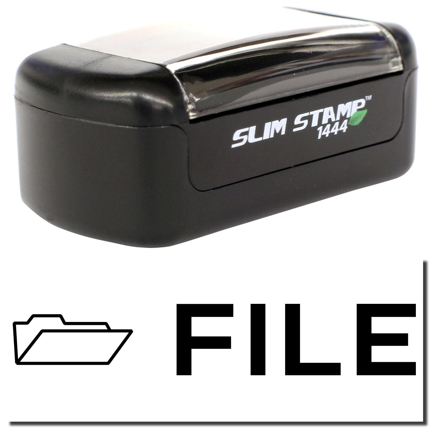 Black Slim Stamp 1444 self-inking file stamp for office use with folder icon and FILE label.