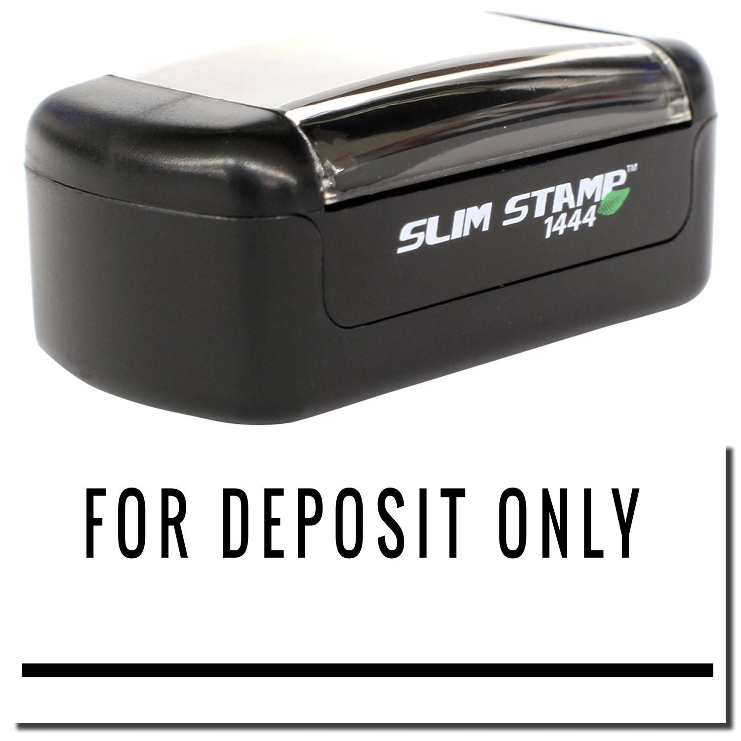 Slim Stamp 1444 For Deposit Only bank endorsement stamp, black self-inking office stamp.