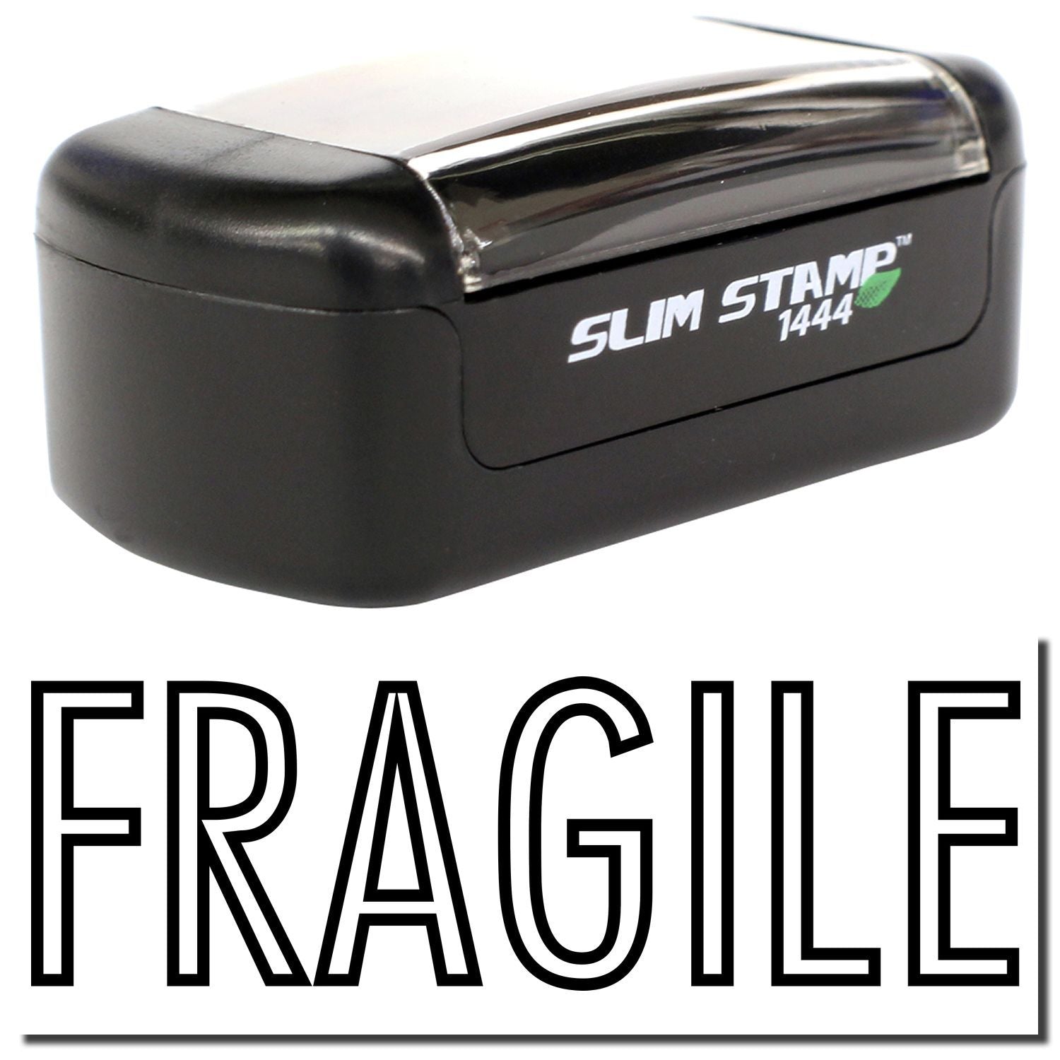 Black Slim Stamp 1444 self-inking stamp with FRAGILE shipping label text