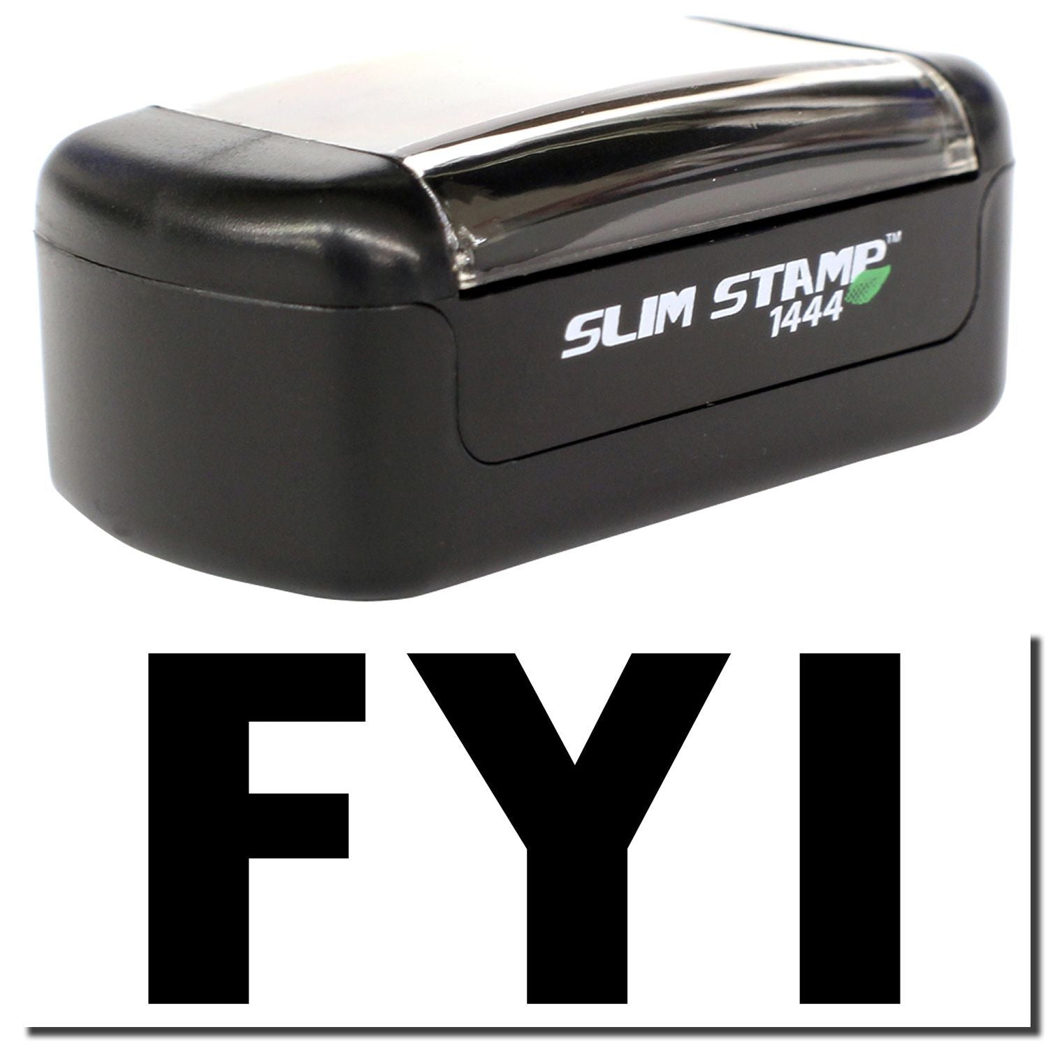 Black Slim Stamp 1444 self-inking office stamp with FYI label on white background