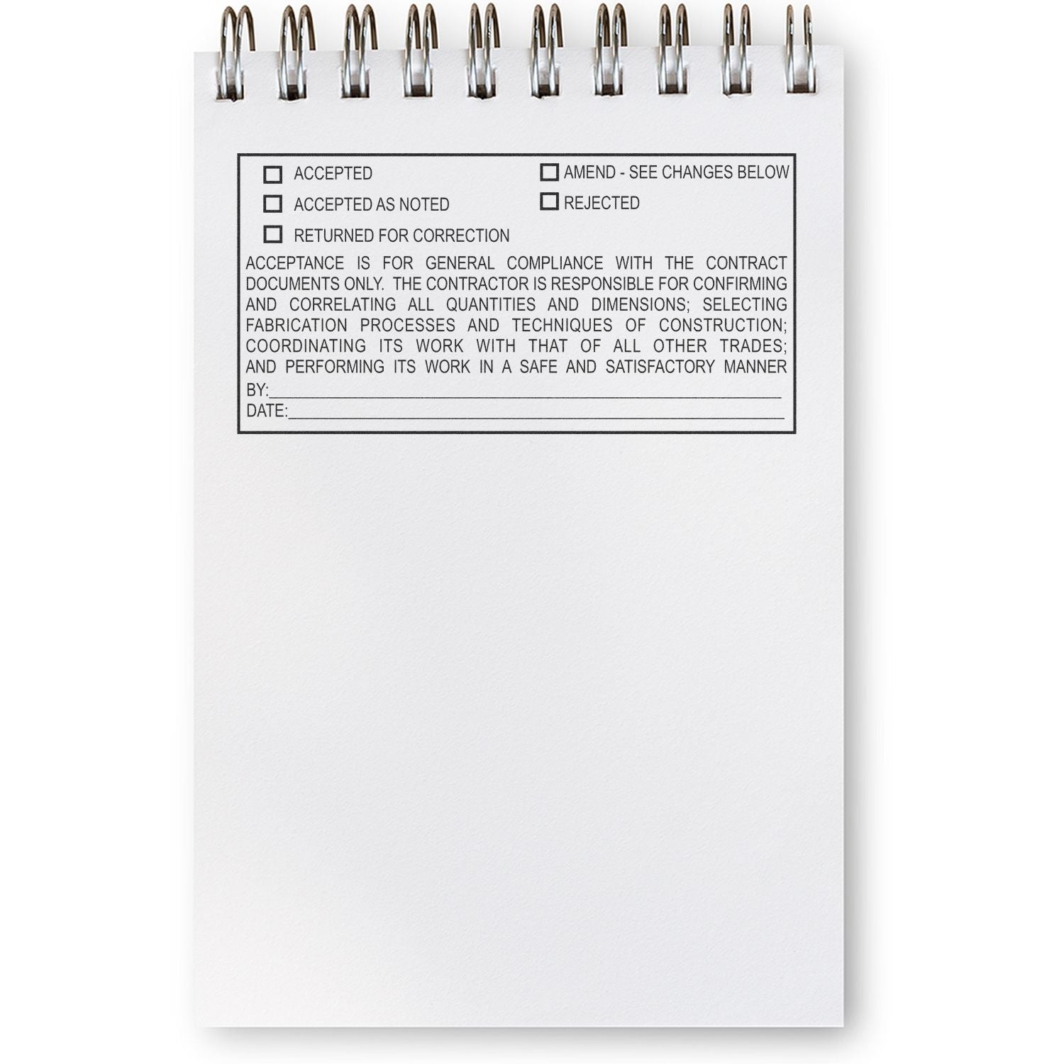 Spiral notepad with construction submittal approval form showing accepted, amended, and rejected checklist options.