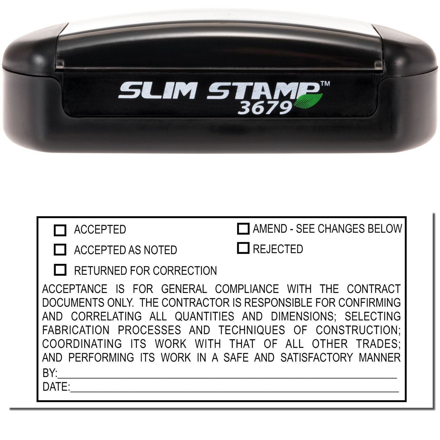 Slim Stamp 3679 self-inking acceptance stamp for document review with accepted, rejected, and returned for correction options.