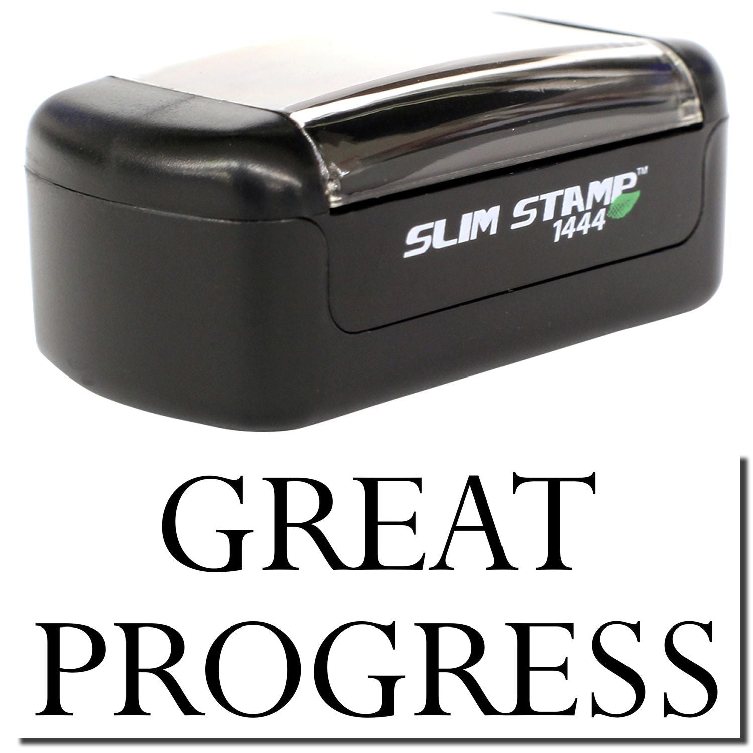 Black Slim Stamp 1444 with Great Progress impression, office self-inking stamp for teacher and business use